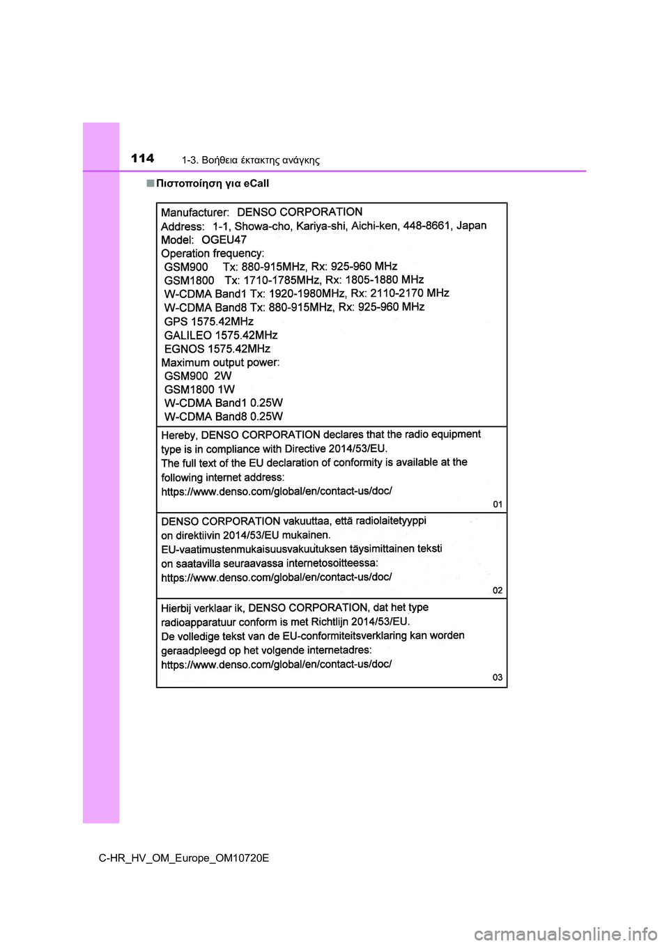 TOYOTA C-HR 2022  ΟΔΗΓΌΣ ΧΡΉΣΗΣ (in Greek) 1141-3. Βοήθεια έκτακτης ανάγκης
C-HR_HV_OM_Europe_OM10720E■Πιστοποίηση για eCall 