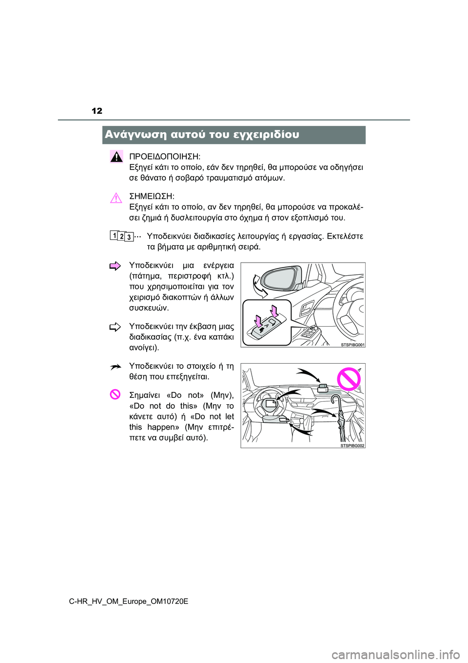 TOYOTA C-HR 2022 ΟΔΗΓΌΣ ΧΡΉΣΗΣ (in Greek) 12
C-HR_HV_OM_Europe_OM10720E
Ανάγνωση αυτού του εγχειριδίου
ΠΡΟΕΙΔΟΠΟΙΗΣΗ:
Εξηγεί κάτι το οποίο, εάν δεν τηρηθεί, θα μπορ TOYOTA C-HR 2022 ΟΔΗΓΌΣ ΧΡΉΣΗΣ (in Greek) 12
C-HR_HV_OM_Europe_OM10720E
Ανάγνωση αυτού του εγχειριδίου
ΠΡΟΕΙΔΟΠΟΙΗΣΗ:
Εξηγεί κάτι το οποίο, εάν δεν τηρηθεί, θα μπορ