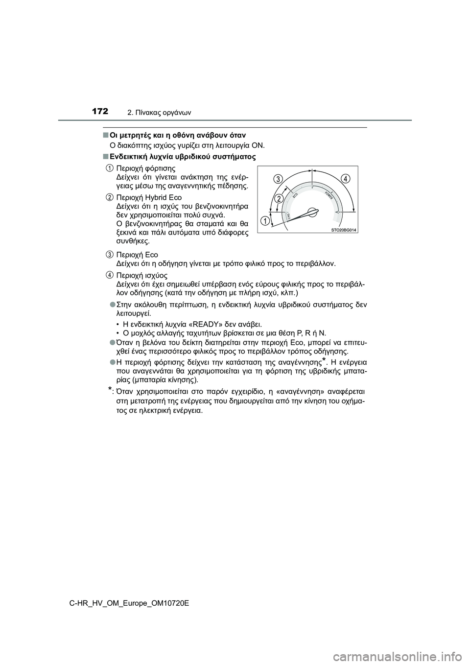 TOYOTA C-HR 2022 ΟΔΗΓΌΣ ΧΡΉΣΗΣ (in Greek) 1722. Πίνακας οργάνων
C-HR_HV_OM_Europe_OM10720E
■Οι μετρητές και η οθόνη ανάβουν όταν
Ο διακόπτης ισχύος γυρίζει στη λειτο TOYOTA C-HR 2022 ΟΔΗΓΌΣ ΧΡΉΣΗΣ (in Greek) 1722. Πίνακας οργάνων
C-HR_HV_OM_Europe_OM10720E
■Οι μετρητές και η οθόνη ανάβουν όταν
Ο διακόπτης ισχύος γυρίζει στη λειτο
