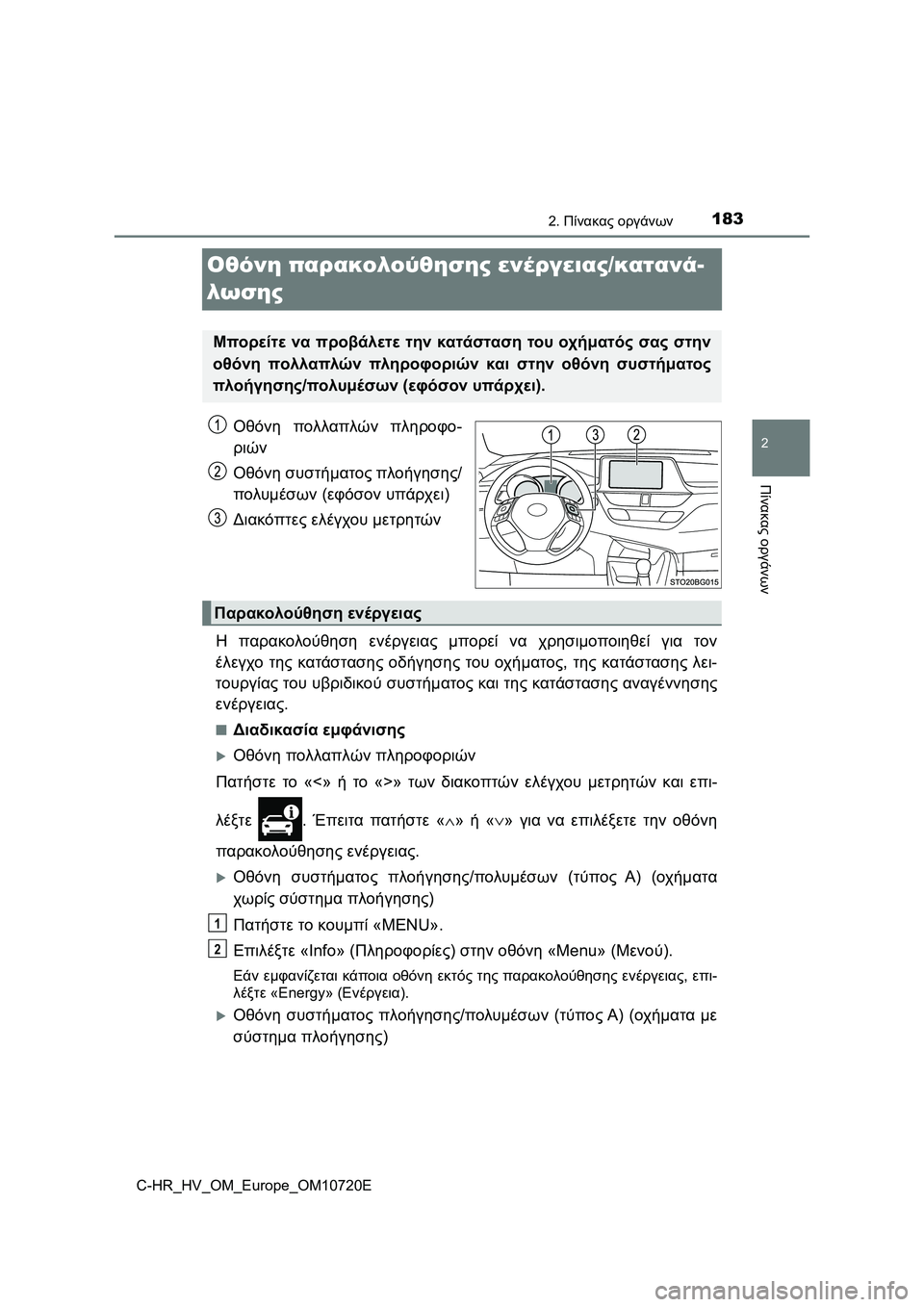 TOYOTA C-HR 2022 ΟΔΗΓΌΣ ΧΡΉΣΗΣ (in Greek) 183
2
2. Πίνακας οργάνων
Πίνακας οργάνων
C-HR_HV_OM_Europe_OM10720E
Οθόνη παρακολούθησης ενέργειας/κατανά-
λωσης
Οθόνη πολλ TOYOTA C-HR 2022 ΟΔΗΓΌΣ ΧΡΉΣΗΣ (in Greek) 183
2
2. Πίνακας οργάνων
Πίνακας οργάνων
C-HR_HV_OM_Europe_OM10720E
Οθόνη παρακολούθησης ενέργειας/κατανά-
λωσης
Οθόνη πολλ