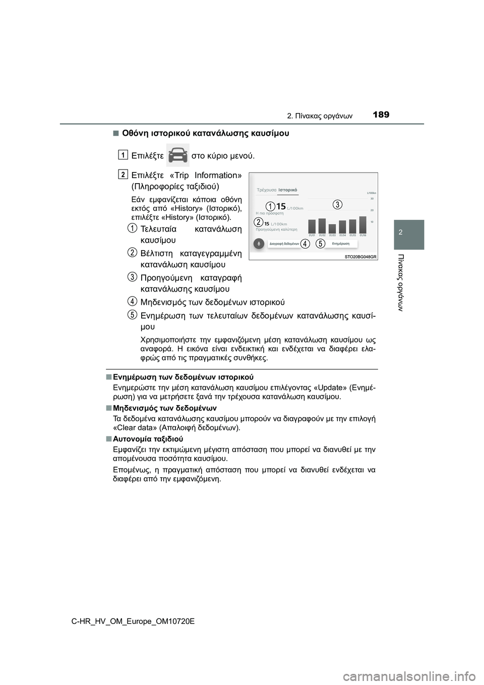 TOYOTA C-HR 2022 ΟΔΗΓΌΣ ΧΡΉΣΗΣ (in Greek) 1892. Πίνακας οργάνων
2
Πίνακας οργάνων
C-HR_HV_OM_Europe_OM10720E■
Οθόνη ιστορικού κατανάλωσης καυσίμου
Επιλέξτε στο κύρ TOYOTA C-HR 2022 ΟΔΗΓΌΣ ΧΡΉΣΗΣ (in Greek) 1892. Πίνακας οργάνων
2
Πίνακας οργάνων
C-HR_HV_OM_Europe_OM10720E■
Οθόνη ιστορικού κατανάλωσης καυσίμου
Επιλέξτε στο κύρ