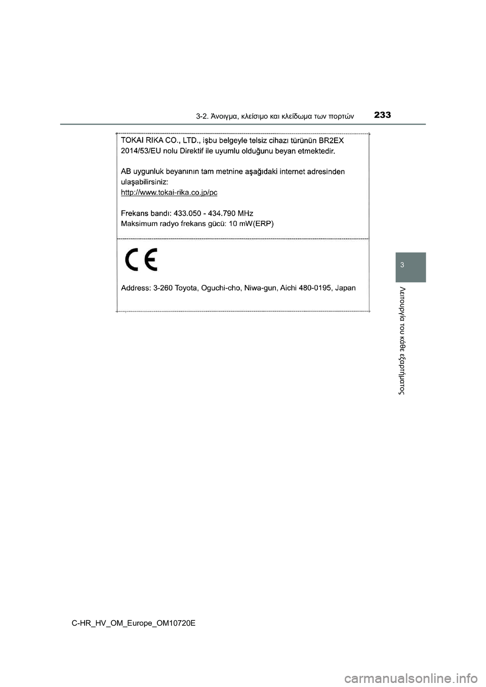 TOYOTA C-HR 2022 ΟΔΗΓΌΣ ΧΡΉΣΗΣ (in Greek) 2333-2. Άνοιγμα, κλείσιμο και κλείδωμα των πορτών
3
Λειτουργία του κάθε εξαρτήματος
C-HR_HV_OM_Europe_OM10720E TOYOTA C-HR 2022 ΟΔΗΓΌΣ ΧΡΉΣΗΣ (in Greek) 2333-2. Άνοιγμα, κλείσιμο και κλείδωμα των πορτών
3
Λειτουργία του κάθε εξαρτήματος
C-HR_HV_OM_Europe_OM10720E