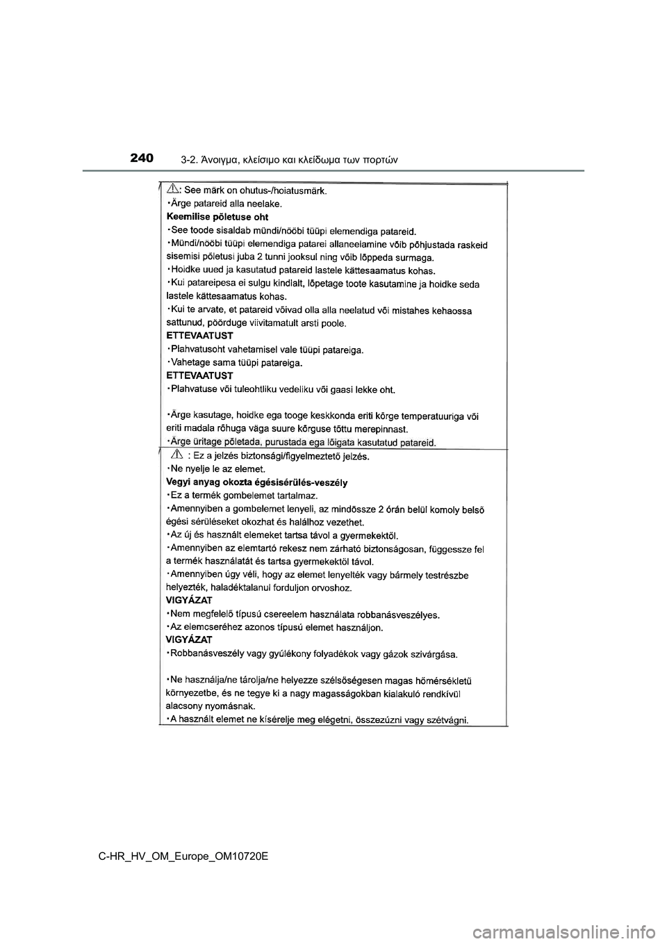 TOYOTA C-HR 2022 ΟΔΗΓΌΣ ΧΡΉΣΗΣ (in Greek) 2403-2. Άνοιγμα, κλείσιμο και κλείδωμα των πορτών
C-HR_HV_OM_Europe_OM10720E TOYOTA C-HR 2022 ΟΔΗΓΌΣ ΧΡΉΣΗΣ (in Greek) 2403-2. Άνοιγμα, κλείσιμο και κλείδωμα των πορτών
C-HR_HV_OM_Europe_OM10720E