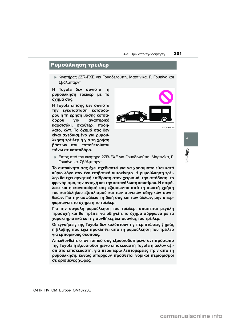 TOYOTA C-HR 2022 ΟΔΗΓΌΣ ΧΡΉΣΗΣ (in Greek) 301
4
4-1. Πριν από την οδήγηση
Οδήγηση
C-HR_HV_OM_Europe_OM10720E
Ρυμούλκηση τρέιλερ
Κινητήρας 2ZR-FXE για Γουαδελούπη, Μαρτιν TOYOTA C-HR 2022 ΟΔΗΓΌΣ ΧΡΉΣΗΣ (in Greek) 301
4
4-1. Πριν από την οδήγηση
Οδήγηση
C-HR_HV_OM_Europe_OM10720E
Ρυμούλκηση τρέιλερ
Κινητήρας 2ZR-FXE για Γουαδελούπη, Μαρτιν
