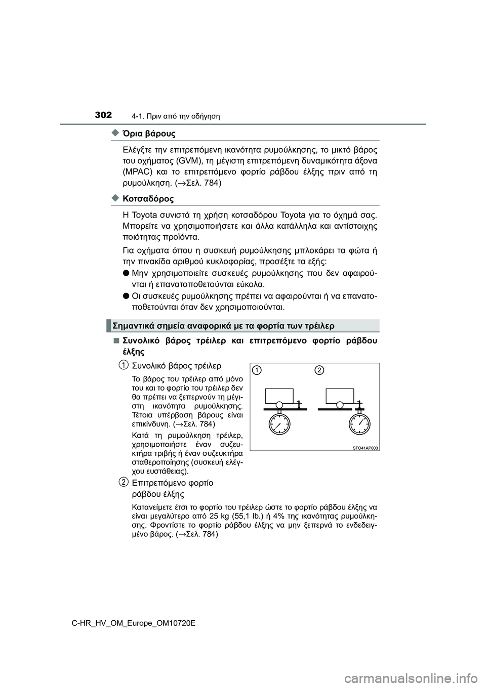 TOYOTA C-HR 2022 ΟΔΗΓΌΣ ΧΡΉΣΗΣ (in Greek) 3024-1. Πριν από την οδήγηση
C-HR_HV_OM_Europe_OM10720E
◆Όρια βάρους
Ελέγξτε την επιτρεπόμενη ικανότητα ρυμούλκησης, το μικ TOYOTA C-HR 2022 ΟΔΗΓΌΣ ΧΡΉΣΗΣ (in Greek) 3024-1. Πριν από την οδήγηση
C-HR_HV_OM_Europe_OM10720E
◆Όρια βάρους
Ελέγξτε την επιτρεπόμενη ικανότητα ρυμούλκησης, το μικ