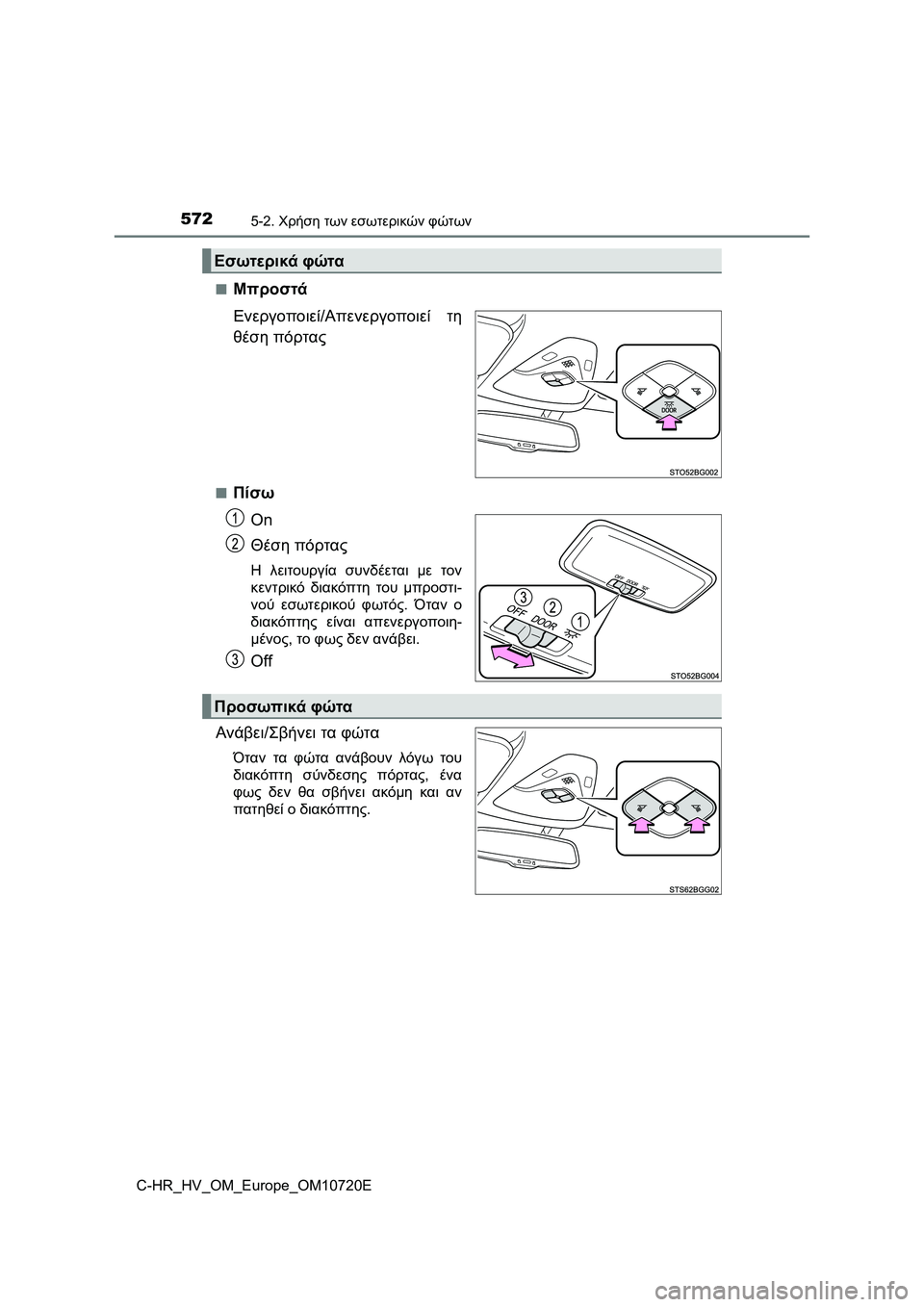 TOYOTA C-HR 2022 ΟΔΗΓΌΣ ΧΡΉΣΗΣ (in Greek) 5725-2. Χρήση των εσωτερικών φώτων
C-HR_HV_OM_Europe_OM10720E■
Μπροστά
Ενεργοποιεί/Απενεργοποιεί τη
θέση πόρτας
■Πίσω
On
Θέ TOYOTA C-HR 2022 ΟΔΗΓΌΣ ΧΡΉΣΗΣ (in Greek) 5725-2. Χρήση των εσωτερικών φώτων
C-HR_HV_OM_Europe_OM10720E■
Μπροστά
Ενεργοποιεί/Απενεργοποιεί τη
θέση πόρτας
■Πίσω
On
Θέ