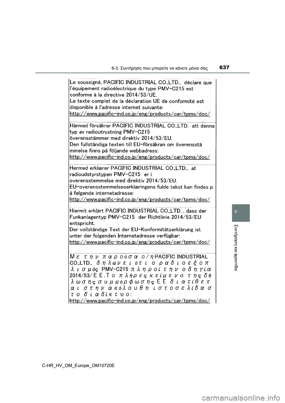 TOYOTA C-HR 2022 ΟΔΗΓΌΣ ΧΡΉΣΗΣ (in Greek) 6376-3. Συντήρηση που μπορείτε να κάνετε μόνοι σας
C-HR_HV_OM_Europe_OM10720E
6
Συντήρηση και φροντίδα TOYOTA C-HR 2022 ΟΔΗΓΌΣ ΧΡΉΣΗΣ (in Greek) 6376-3. Συντήρηση που μπορείτε να κάνετε μόνοι σας
C-HR_HV_OM_Europe_OM10720E
6
Συντήρηση και φροντίδα