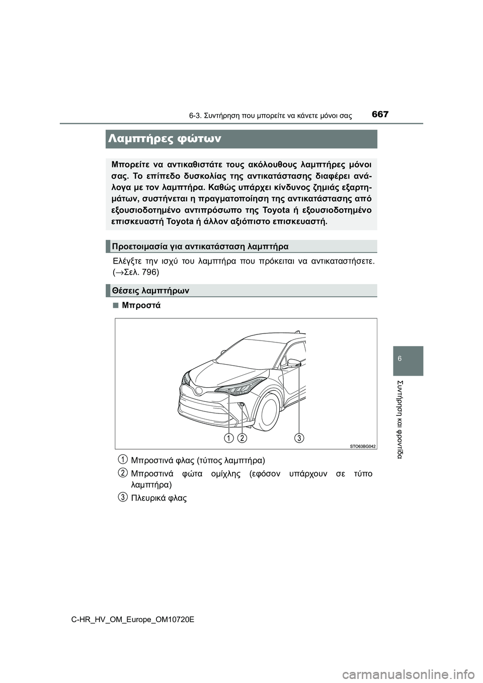 TOYOTA C-HR 2022 ΟΔΗΓΌΣ ΧΡΉΣΗΣ (in Greek) 6676-3. Συντήρηση που μπορείτε να κάνετε μόνοι σας
C-HR_HV_OM_Europe_OM10720E
6
Συντήρηση και φροντίδα
Λαμπτήρες φώτων
Ελέγξ TOYOTA C-HR 2022 ΟΔΗΓΌΣ ΧΡΉΣΗΣ (in Greek) 6676-3. Συντήρηση που μπορείτε να κάνετε μόνοι σας
C-HR_HV_OM_Europe_OM10720E
6
Συντήρηση και φροντίδα
Λαμπτήρες φώτων
Ελέγξ