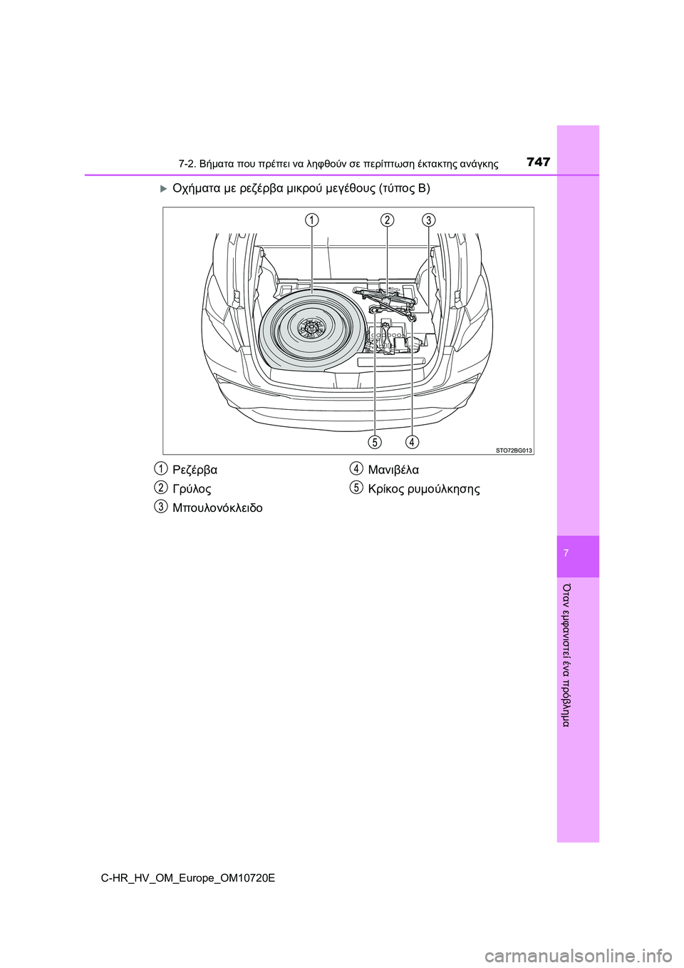 TOYOTA C-HR 2022  ΟΔΗΓΌΣ ΧΡΉΣΗΣ (in Greek) 7477-2. Βήματα που πρέπει να ληφθούν σε περίπτωση έκτακτης ανάγκης
C-HR_HV_OM_Europe_OM10720E
7
Όταν εμφανιστεί ένα πρόβλημα
