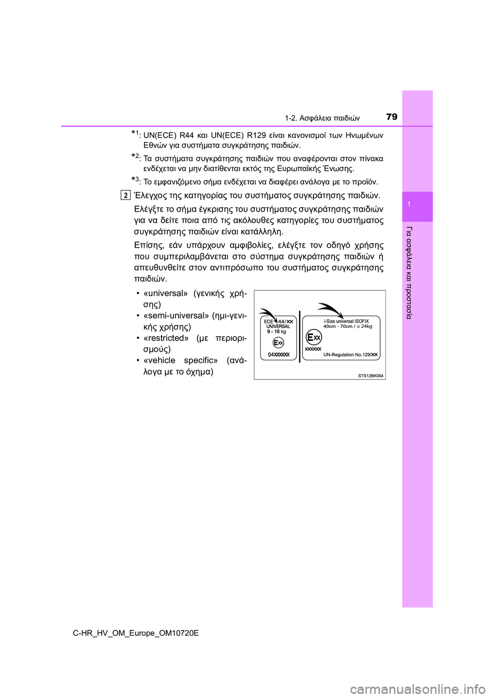 TOYOTA C-HR 2022  ΟΔΗΓΌΣ ΧΡΉΣΗΣ (in Greek) 791-2. Ασφάλεια παιδιών
1
Για ασφάλεια και προστασία
C-HR_HV_OM_Europe_OM10720E
*1: UN(ECE) R44 και UN(ECE) R129 είναι κανονισμοί των Ηνω