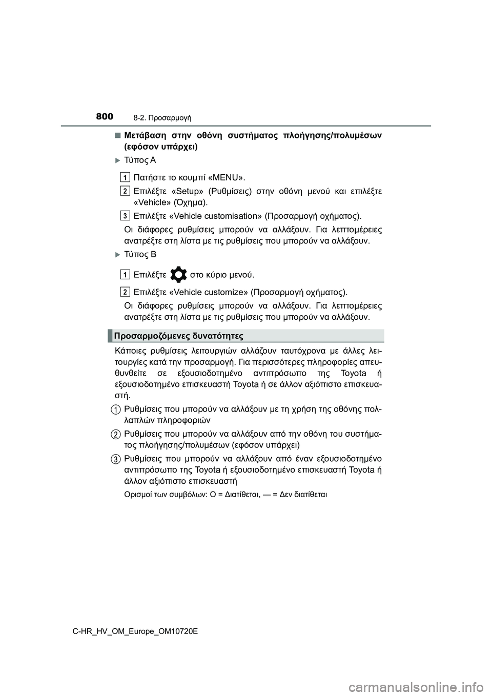 TOYOTA C-HR 2022 ΟΔΗΓΌΣ ΧΡΉΣΗΣ (in Greek) 8008-2. Προσαρμογή
C-HR_HV_OM_Europe_OM10720E■
Μετάβαση στην οθόνη συστήματος πλοήγησης/πολυμέσων
(εφόσον υπάρχει)
Τύ π ο TOYOTA C-HR 2022 ΟΔΗΓΌΣ ΧΡΉΣΗΣ (in Greek) 8008-2. Προσαρμογή
C-HR_HV_OM_Europe_OM10720E■
Μετάβαση στην οθόνη συστήματος πλοήγησης/πολυμέσων
(εφόσον υπάρχει)
Τύ π ο