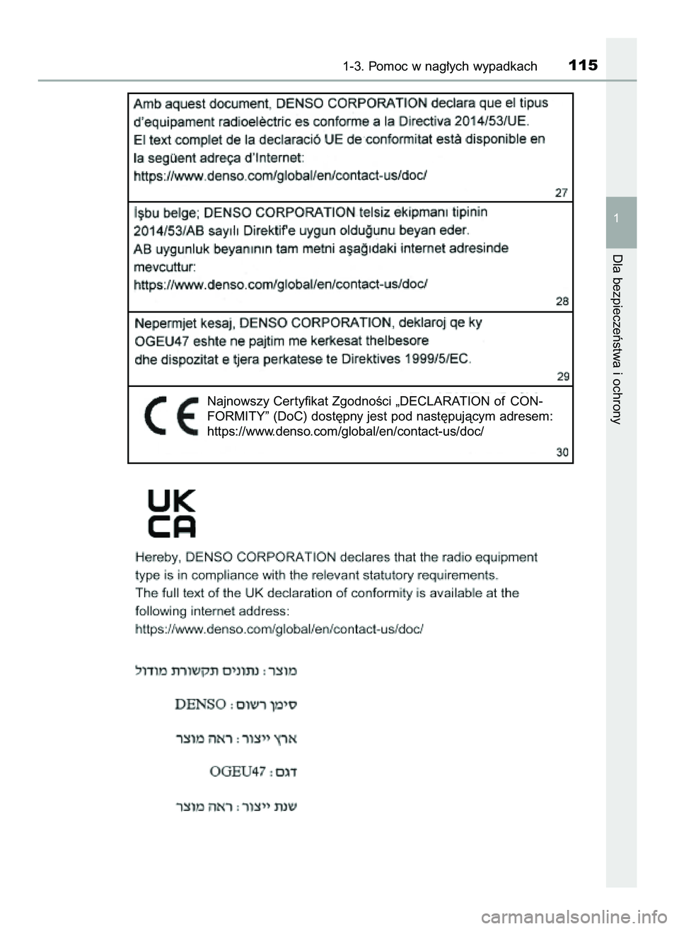 TOYOTA C-HR 2022  Instrukcja obsługi (in Polish) 1-3. Pomoc w nag∏ych wypadkach115
1
Dla bezpieczeƒstwa i ochrony
Najnowszy Cer tyfikat ZgodnoÊci „DECLARATION of CON-
FORMITY” (DoC) dost´pny jest pod nast´pujàcym adresem:
https://www.dens