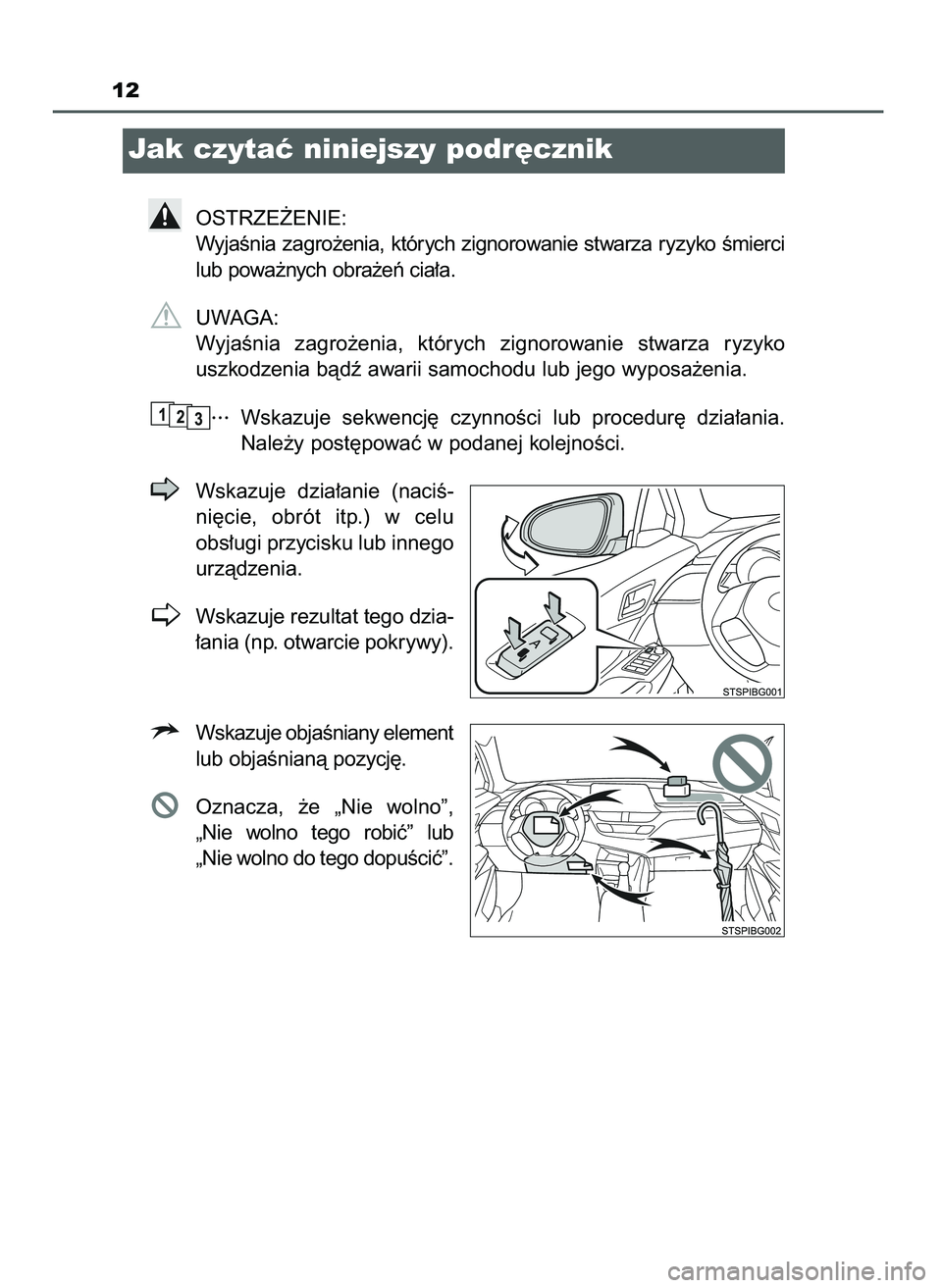 TOYOTA C-HR 2022  Instrukcja obsługi (in Polish) 12
Jak czytaç niniejszy podr´cznik
OSTRZE˚ENIE:
WyjaÊnia zagro˝enia, których zignorowanie stwarza ryzyko Êmierci
lub powa˝nych obra˝eƒ cia∏a.
UWAGA:
WyjaÊnia  zagro˝enia,  których  zign