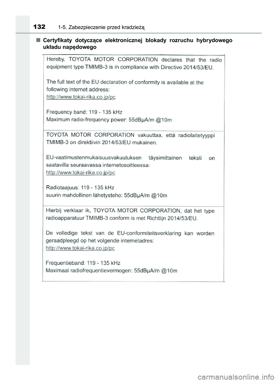TOYOTA C-HR 2022  Instrukcja obsługi (in Polish) Certyfikaty  dotyczàce  elektronicznej  blokady  rozruchu  hybrydowego
uk∏adu nap´dowego
1321-5. Zabezpieczenie przed kradzie˝à
9 C_HR HV OM10720E  16/3/22  2:50  Page 132 
