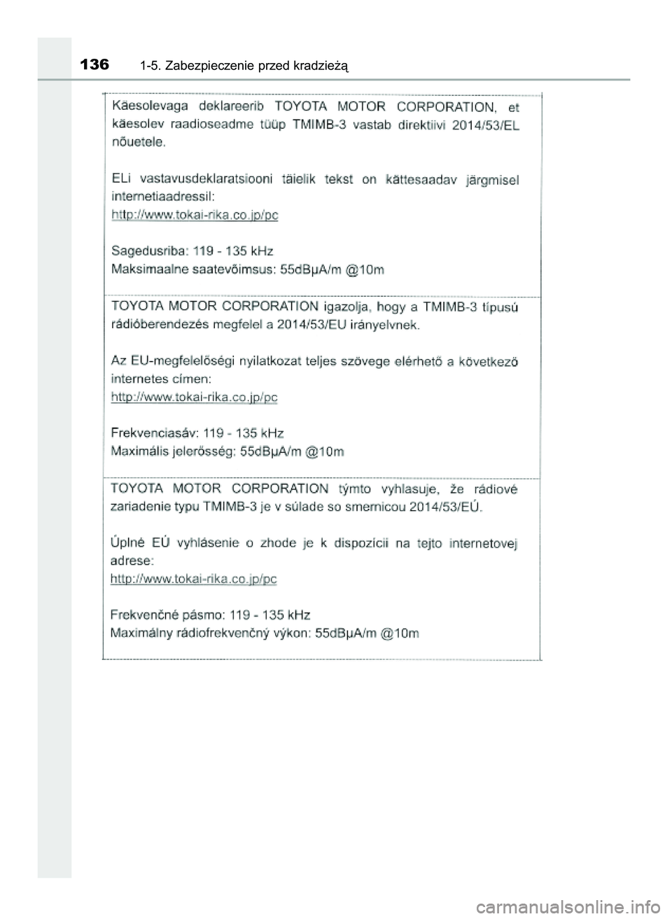 TOYOTA C-HR 2022  Instrukcja obsługi (in Polish) 1361-5. Zabezpieczenie przed kradzie˝à
9 C_HR HV OM10720E  16/3/22  2:50  Page 136 
