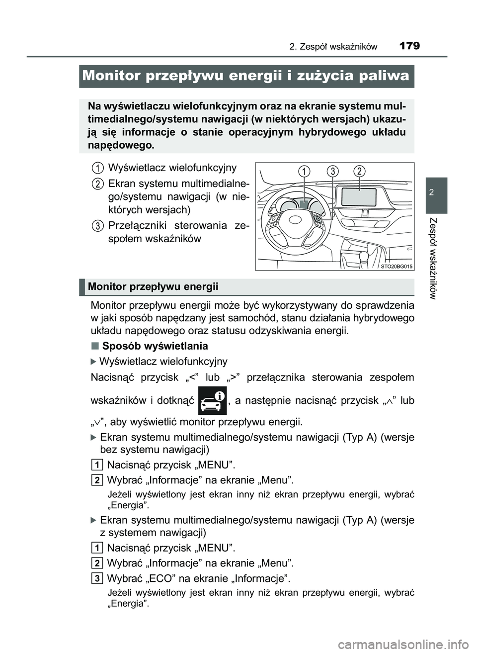 TOYOTA C-HR 2022  Instrukcja obsługi (in Polish) WyÊwietlacz wielofunkcyjny
Ekran systemu multimedialne-
go/systemu  nawigacji  (w nie-
których wersjach)
Prze∏àczniki  sterowania  ze-
spo∏em wskaêników
Monitor przep∏ywu energii mo˝e byç