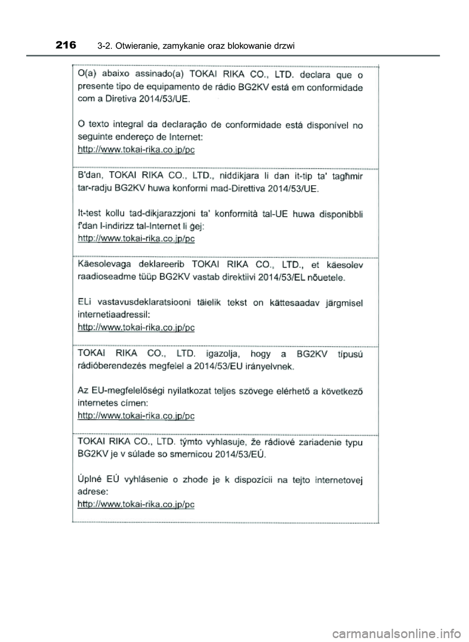 TOYOTA C-HR 2022  Instrukcja obsługi (in Polish) 2163-2. Otwieranie, zamykanie oraz blokowanie drzwi
9 C_HR HV OM10720E  16/3/22  2:50  Page 216 
