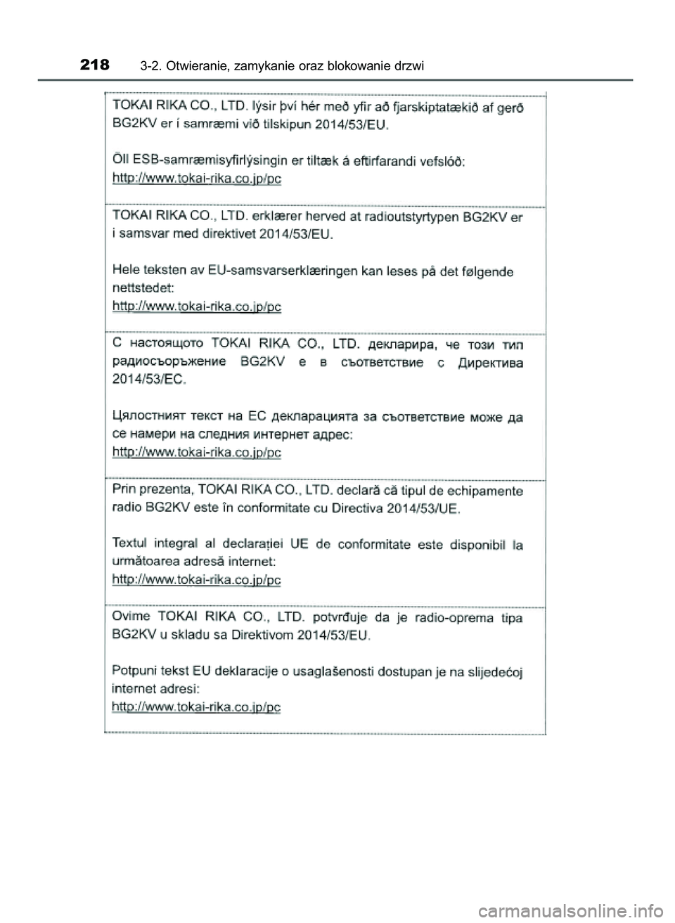 TOYOTA C-HR 2022  Instrukcja obsługi (in Polish) 2183-2. Otwieranie, zamykanie oraz blokowanie drzwi
9 C_HR HV OM10720E  16/3/22  2:50  Page 218 