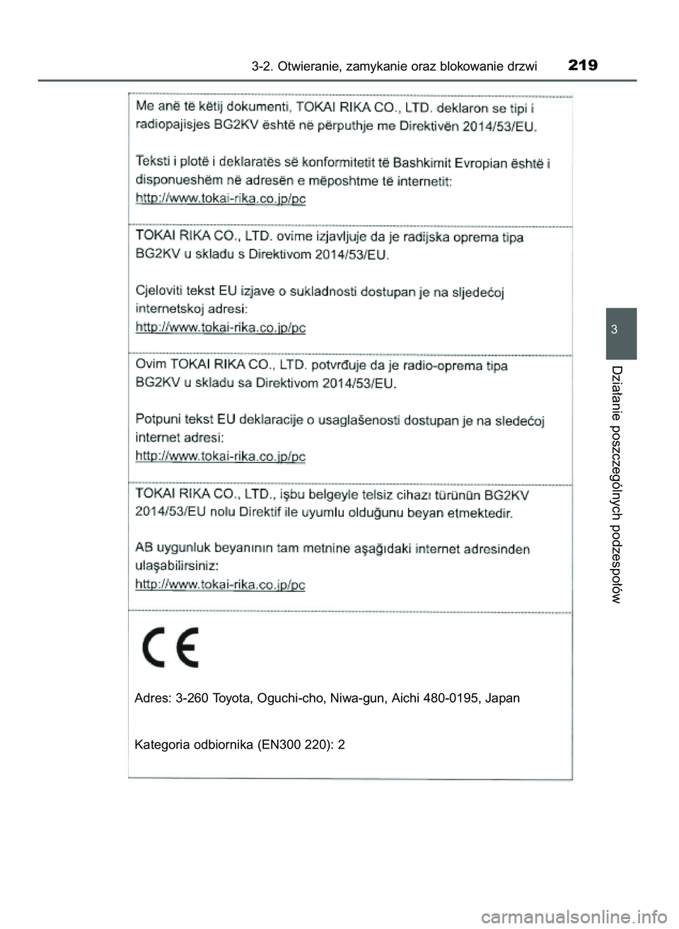TOYOTA C-HR 2022 Instrukcja obsługi (in Polish) 3-2. Otwieranie, zamykanie oraz blokowanie drzwi219
3
Dzia∏anie poszczególnych podzespo∏ów
Adres: 3-260 Toyota, Oguchi-cho, Niwa-gun, Aichi 480-0195, Japan
Kategoria odbiornika (EN300 220): 2
9 TOYOTA C-HR 2022 Instrukcja obsługi (in Polish) 3-2. Otwieranie, zamykanie oraz blokowanie drzwi219
3
Dzia∏anie poszczególnych podzespo∏ów
Adres: 3-260 Toyota, Oguchi-cho, Niwa-gun, Aichi 480-0195, Japan
Kategoria odbiornika (EN300 220): 2
9