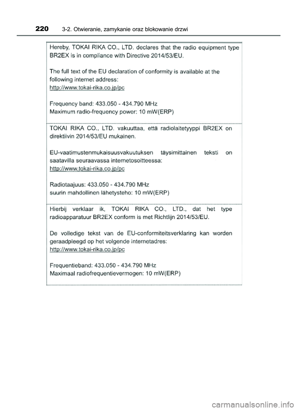 TOYOTA C-HR 2022 Instrukcja obsługi (in Polish) 2203-2. Otwieranie, zamykanie oraz blokowanie drzwi
9 C_HR HV OM10720E 16/3/22 2:50 Page 220 TOYOTA C-HR 2022 Instrukcja obsługi (in Polish) 2203-2. Otwieranie, zamykanie oraz blokowanie drzwi
9 C_HR HV OM10720E 16/3/22 2:50 Page 220