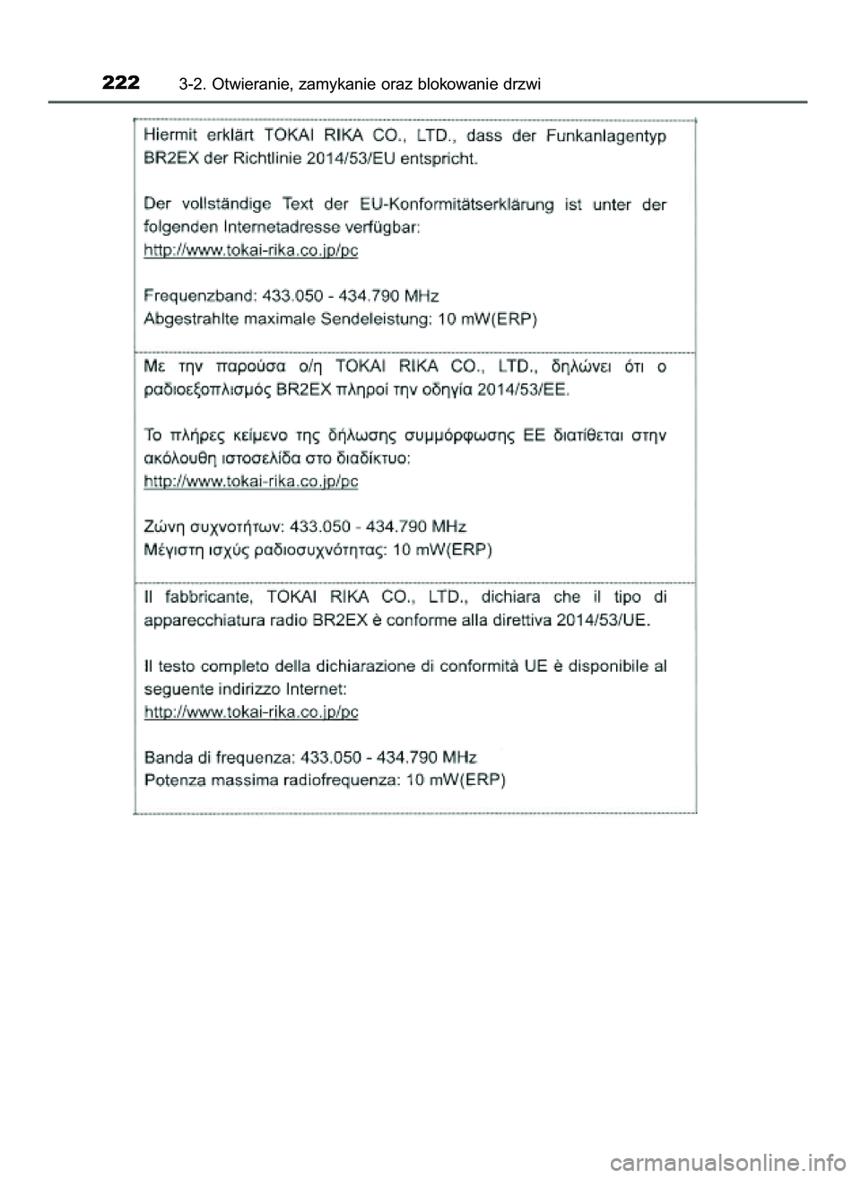 TOYOTA C-HR 2022 Instrukcja obsługi (in Polish) 2223-2. Otwieranie, zamykanie oraz blokowanie drzwi
9 C_HR HV OM10720E 16/3/22 2:50 Page 222 TOYOTA C-HR 2022 Instrukcja obsługi (in Polish) 2223-2. Otwieranie, zamykanie oraz blokowanie drzwi
9 C_HR HV OM10720E 16/3/22 2:50 Page 222