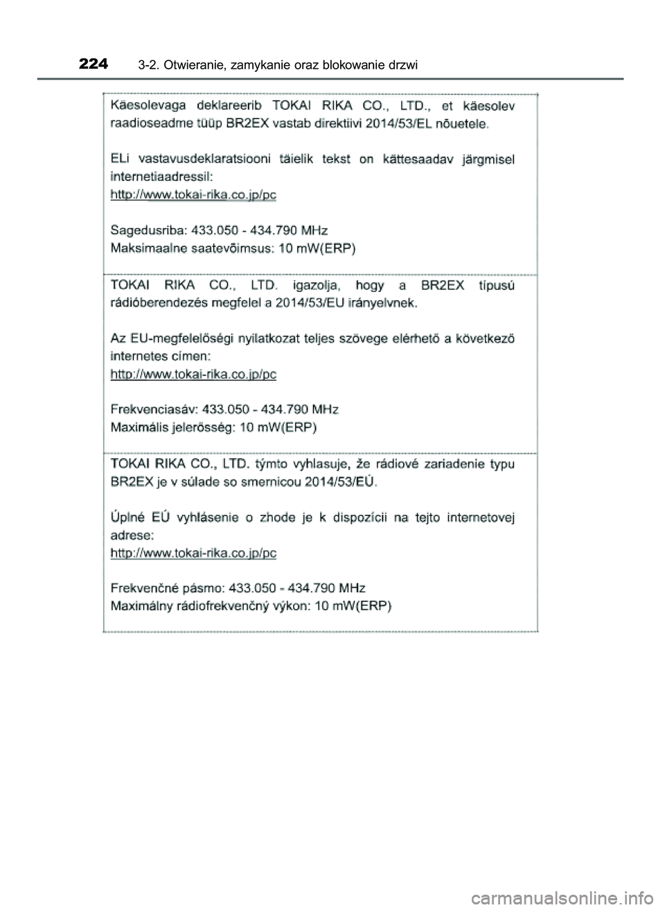 TOYOTA C-HR 2022 Instrukcja obsługi (in Polish) 2243-2. Otwieranie, zamykanie oraz blokowanie drzwi
9 C_HR HV OM10720E 16/3/22 2:50 Page 224 TOYOTA C-HR 2022 Instrukcja obsługi (in Polish) 2243-2. Otwieranie, zamykanie oraz blokowanie drzwi
9 C_HR HV OM10720E 16/3/22 2:50 Page 224