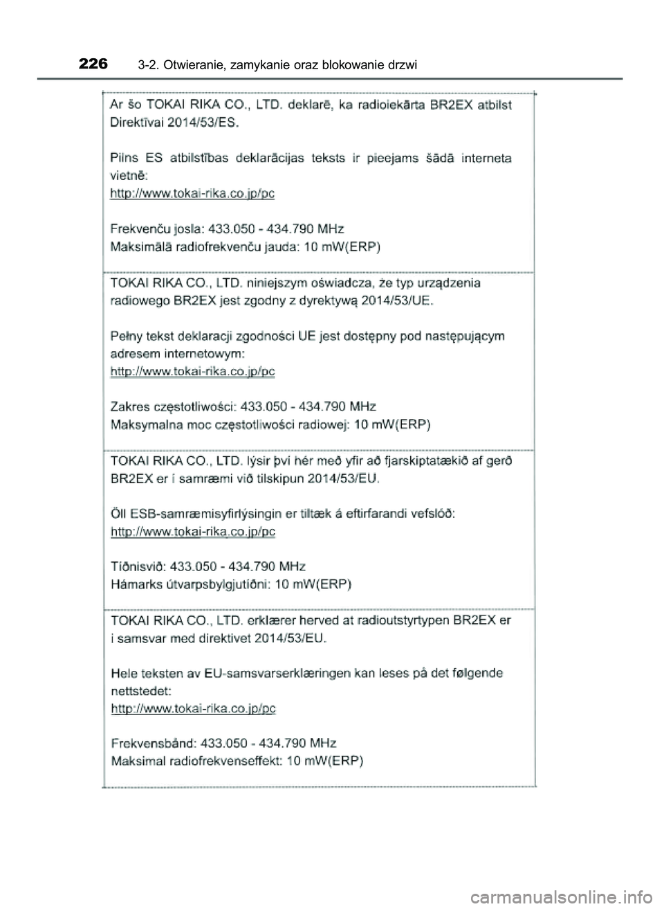 TOYOTA C-HR 2022 Instrukcja obsługi (in Polish) 2263-2. Otwieranie, zamykanie oraz blokowanie drzwi
9 C_HR HV OM10720E 16/3/22 2:50 Page 226 TOYOTA C-HR 2022 Instrukcja obsługi (in Polish) 2263-2. Otwieranie, zamykanie oraz blokowanie drzwi
9 C_HR HV OM10720E 16/3/22 2:50 Page 226