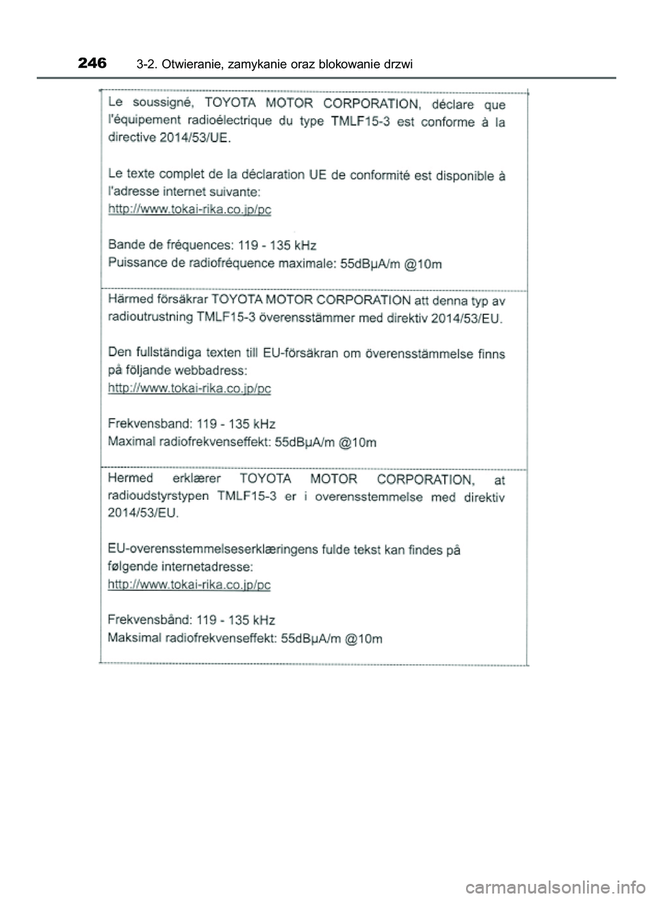 TOYOTA C-HR 2022  Instrukcja obsługi (in Polish) 2463-2. Otwieranie, zamykanie oraz blokowanie drzwi
9 C_HR HV OM10720E  16/3/22  2:50  Page 246 
