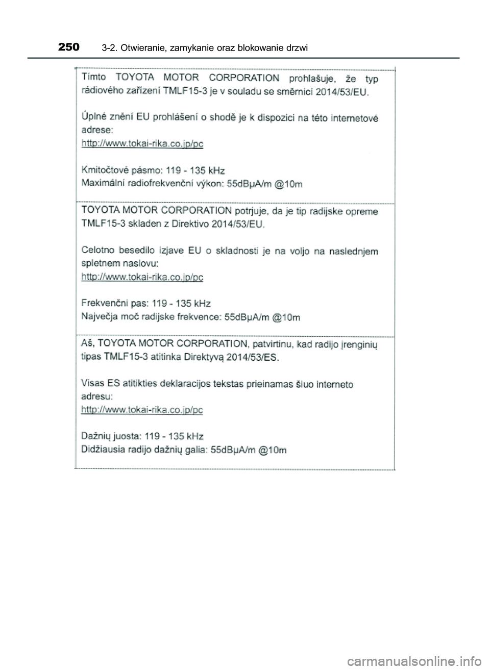 TOYOTA C-HR 2022 Instrukcja obsługi (in Polish) 2503-2. Otwieranie, zamykanie oraz blokowanie drzwi
9 C_HR HV OM10720E 16/3/22 2:50 Page 250 TOYOTA C-HR 2022 Instrukcja obsługi (in Polish) 2503-2. Otwieranie, zamykanie oraz blokowanie drzwi
9 C_HR HV OM10720E 16/3/22 2:50 Page 250