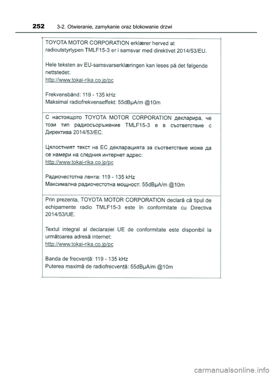 TOYOTA C-HR 2022 Instrukcja obsługi (in Polish) 2523-2. Otwieranie, zamykanie oraz blokowanie drzwi
9 C_HR HV OM10720E 16/3/22 2:50 Page 252 TOYOTA C-HR 2022 Instrukcja obsługi (in Polish) 2523-2. Otwieranie, zamykanie oraz blokowanie drzwi
9 C_HR HV OM10720E 16/3/22 2:50 Page 252