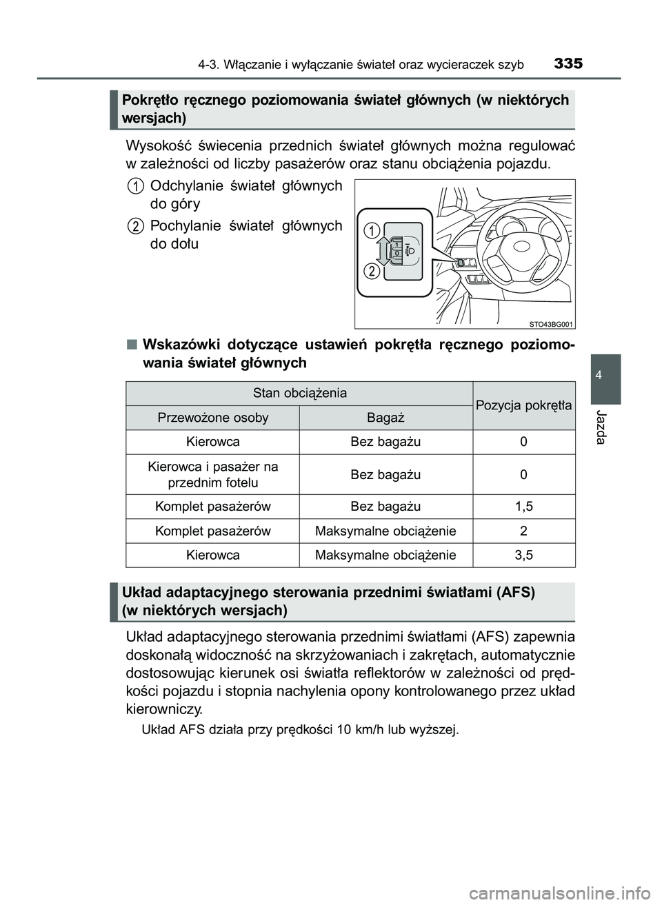 TOYOTA C-HR 2022  Instrukcja obsługi (in Polish) WysokoÊç  Êwiecenia  przednich  Êwiate∏  g∏ównych  mo˝na  regulowaç
w zale˝noÊci od liczby pasa˝erów oraz stanu obcià˝enia pojazdu.
Odchylanie  Êwiate∏  g∏ównych
do góry
Pochyl