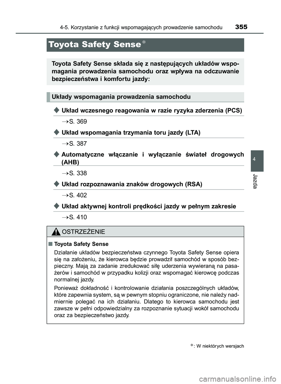 TOYOTA C-HR 2022  Instrukcja obsługi (in Polish) Uk∏ad wczesnego reagowania w razie ryzyka zderzenia (PCS)
S. 369
Uk∏ad wspomagania trzymania toru jazdy (LTA)
S. 387
Automatyczne  w∏àczanie  i wy∏àczanie  Êwiate∏  drogowych
(AHB)
