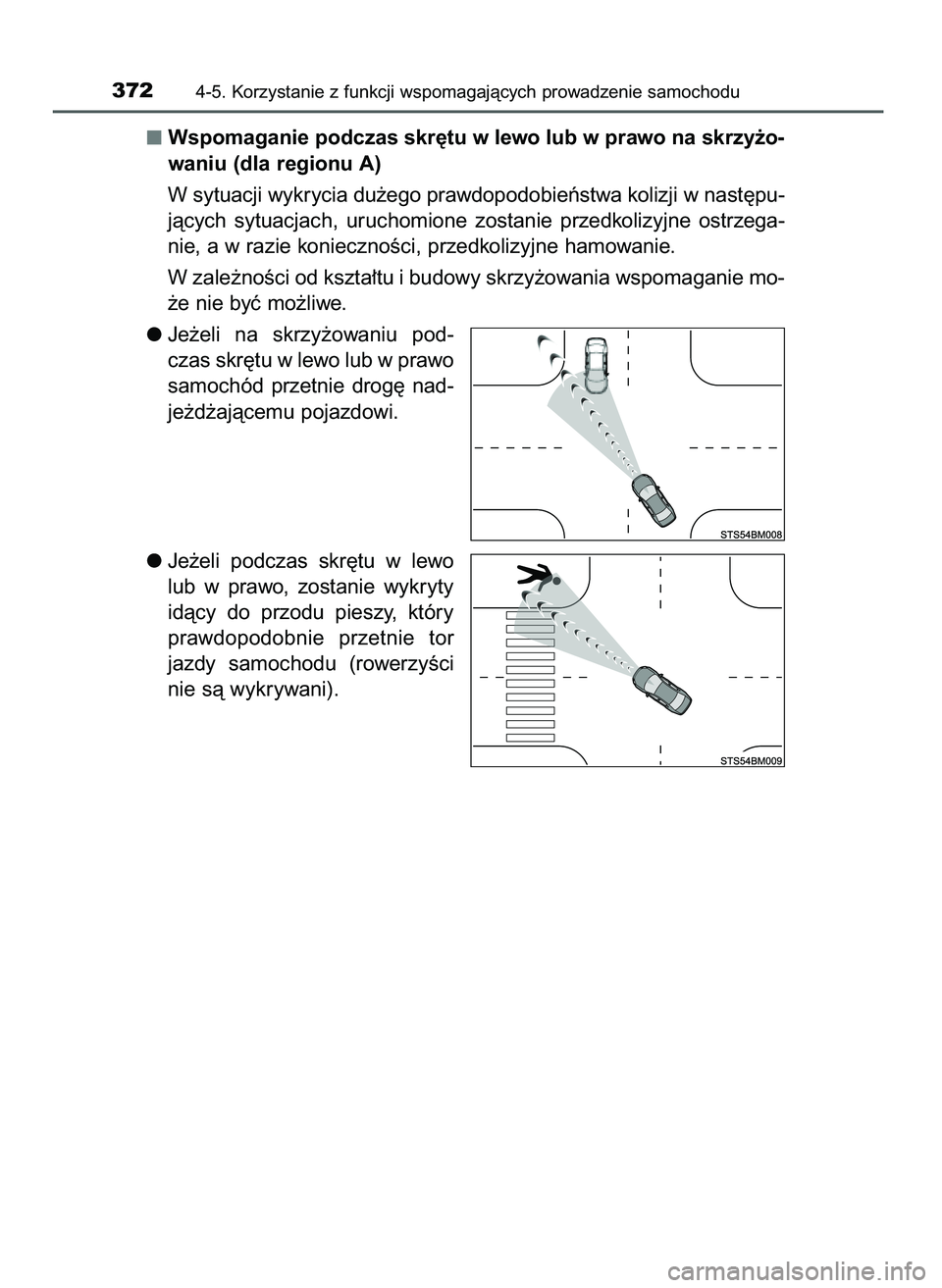 TOYOTA C-HR 2022  Instrukcja obsługi (in Polish) Wspomaganie podczas skr´tu w lewo lub w prawo na skrzy˝o-
waniu (dla regionu A)
W sytuacji wykrycia du˝ego prawdopodobieƒstwa kolizji w nast´pu-
jàcych  sytuacjach,  uruchomione  zostanie  przed