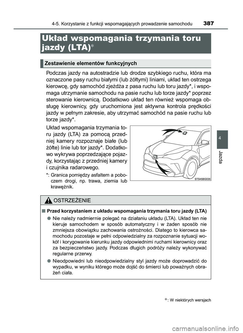 TOYOTA C-HR 2022  Instrukcja obsługi (in Polish) Podczas jazdy na autostradzie lub drodze szybkiego ruchu, która ma
oznaczone pasy ruchu bia∏ymi (lub ˝ó∏tymi) liniami, uk∏ad ten ostrzega
kierowc´, gdy samochód zje˝d˝a z pasa ruchu lub t