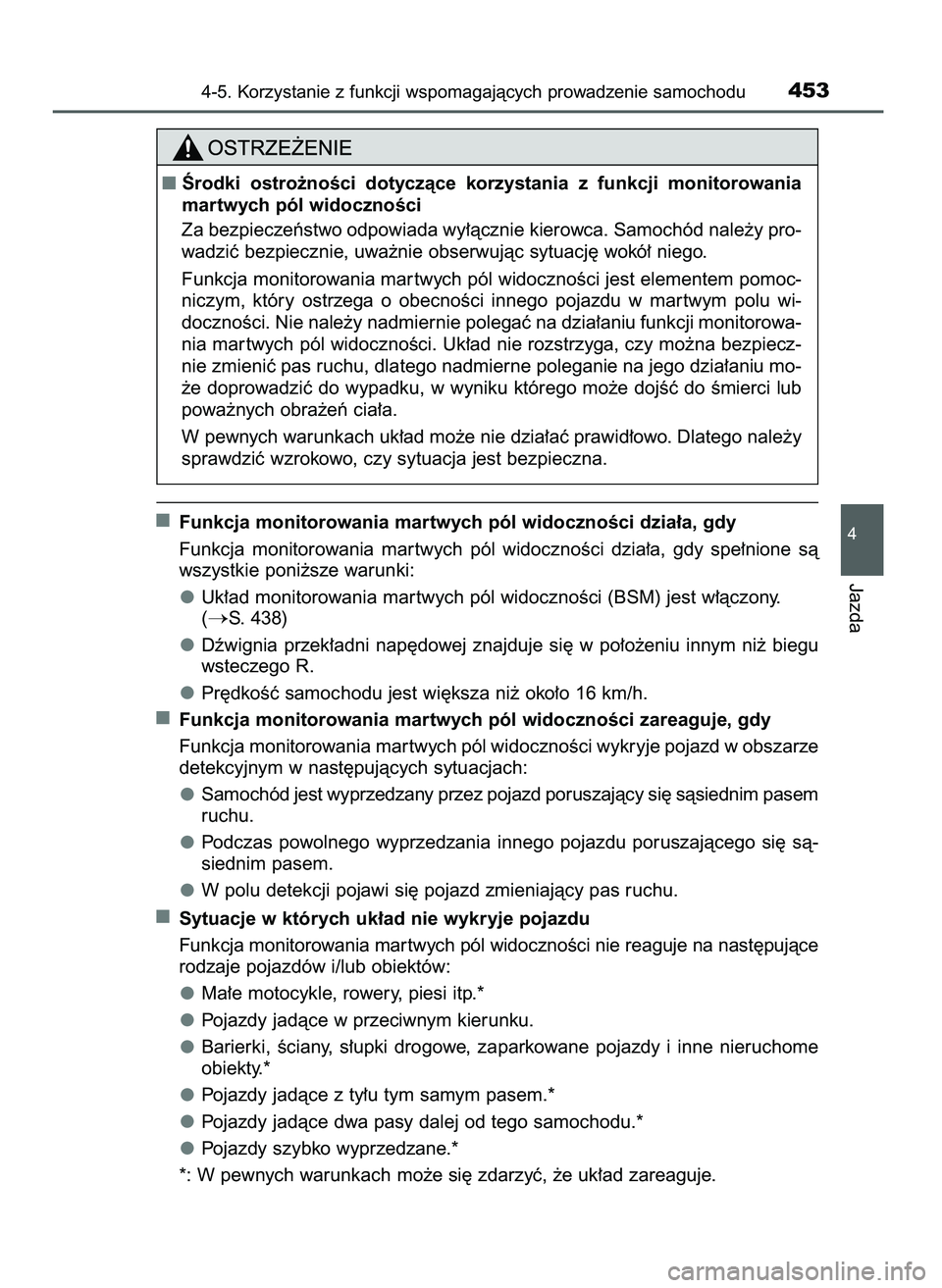 TOYOTA C-HR 2022  Instrukcja obsługi (in Polish) Funkcja monitorowania martwych pól widocznoÊci dzia∏a, gdy
Funkcja  monitorowania  mar twych  pól  widocznoÊci  dzia∏a,  gdy  spe∏nione  sà
wszystkie poni˝sze warunki:
Uk∏ad monitorowani