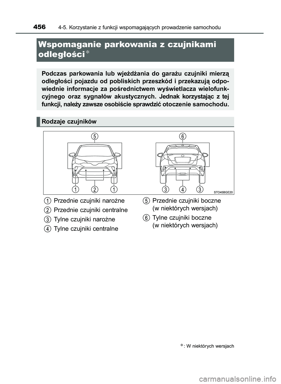 TOYOTA C-HR 2022  Instrukcja obsługi (in Polish) Przednie czujniki naro˝ne
Przednie czujniki centralne
Tylne czujniki naro˝ne
Tylne czujniki centralnePrzednie czujniki boczne
(w niektórych wersjach)
Tylne czujniki boczne 
(w niektórych wersjach)