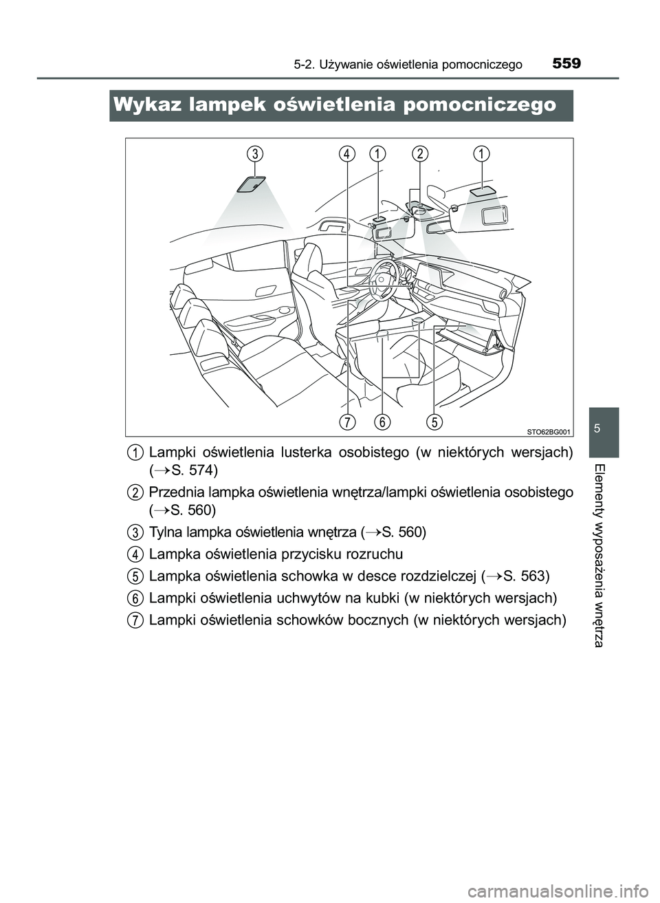 TOYOTA C-HR 2022  Instrukcja obsługi (in Polish) Lampki  oÊwietlenia  lusterka  osobistego  (w  niektórych  wersjach)
(
S. 574)
Przednia lampka oÊwietlenia wn´trza/lampki oÊwietlenia osobistego
(
S. 560)
Tylna lampka oÊwietlenia wn´trza (
