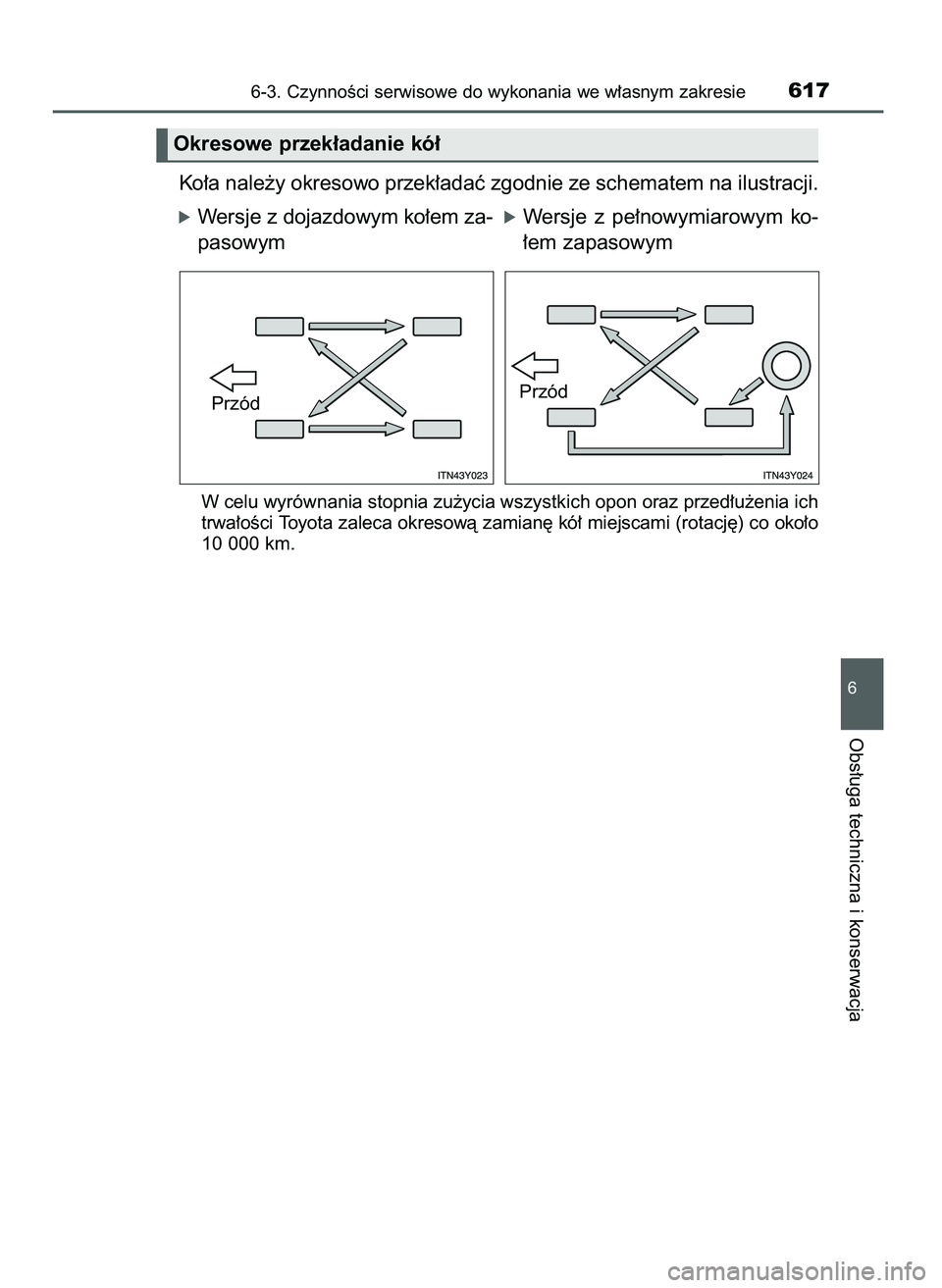 TOYOTA C-HR 2022  Instrukcja obsługi (in Polish) Ko∏a nale˝y okresowo przek∏adaç zgodnie ze schematem na ilustracji.
W celu wyrównania stopnia zu˝ycia wszystkich opon oraz przed∏u˝enia ich
trwa∏oÊci Toyota zaleca okresowà zamian´ kó
