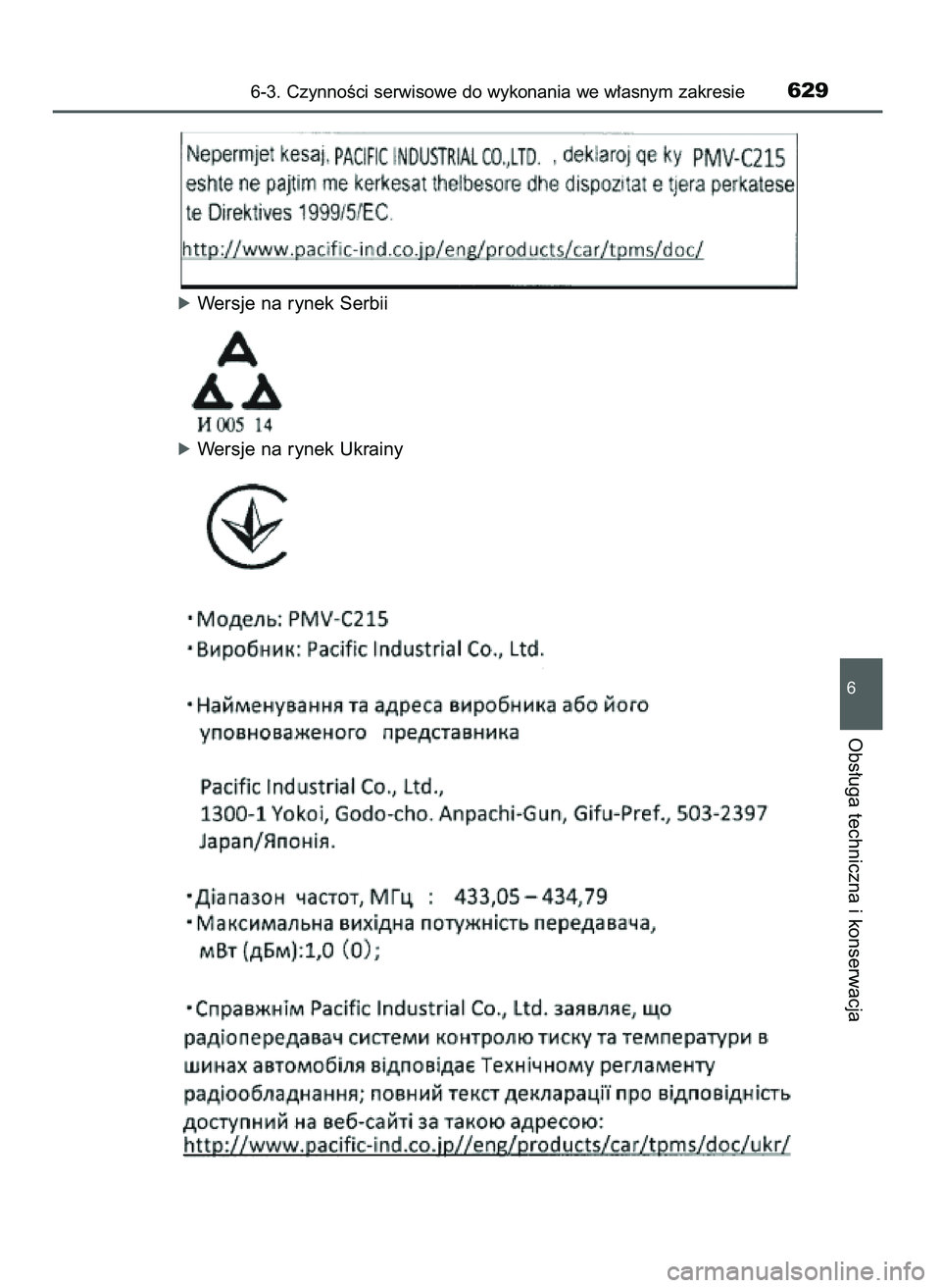 TOYOTA C-HR 2022  Instrukcja obsługi (in Polish) óWersje na rynek Serbii
óWersje na rynek Ukrainy
6-3. CzynnoÊci serwisowe do wykonania we w∏asnym zakresie629
6
Obs∏uga techniczna i konserwacja
9 C_HR HV OM10720E  16/3/22  2:52  Page 629 