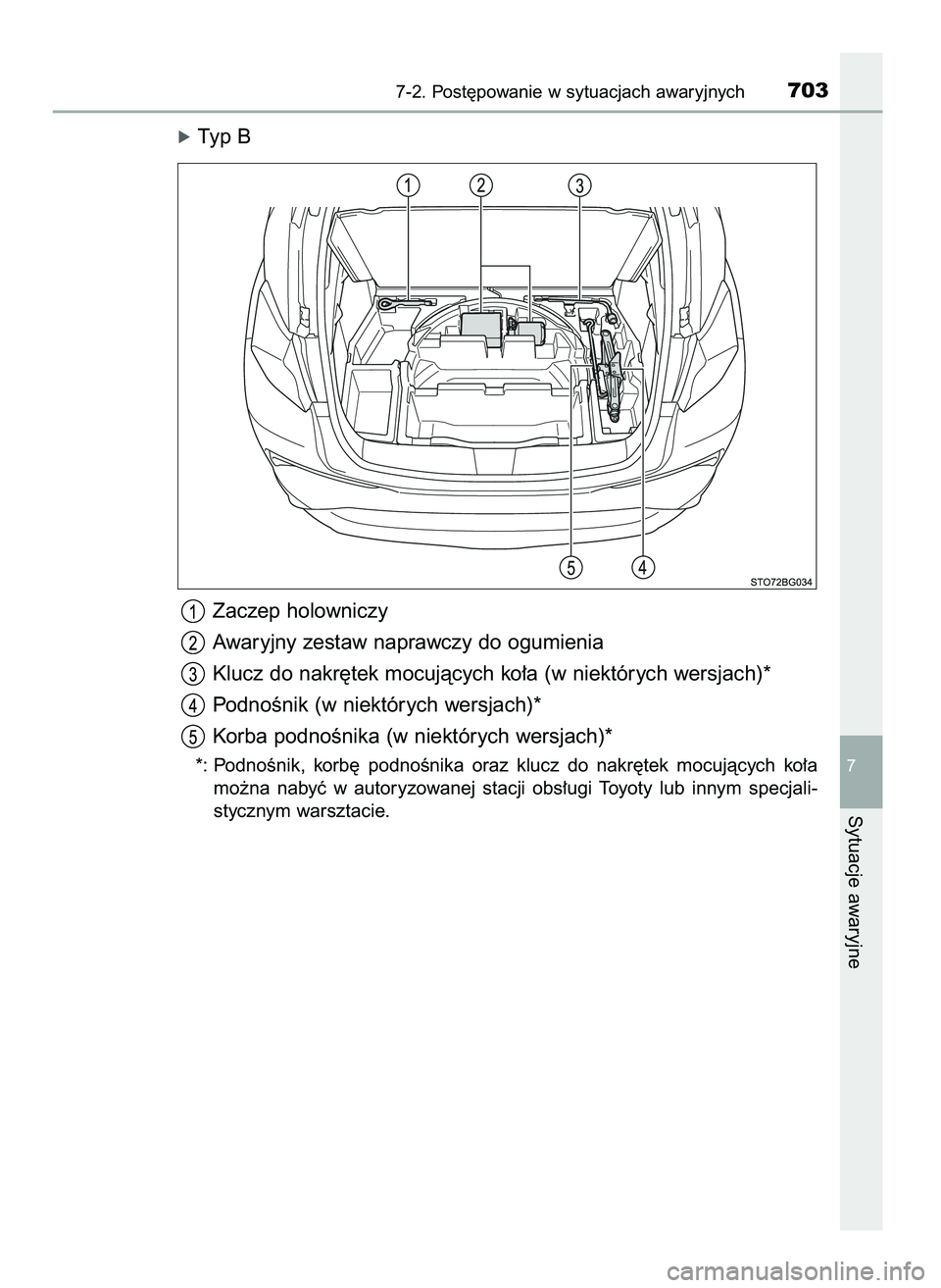 TOYOTA C-HR 2022  Instrukcja obsługi (in Polish) óTyp B
Zaczep holowniczy
Awaryjny zestaw naprawczy do ogumienia
Klucz do nakr´tek mocujàcych ko∏a (w niektórych wersjach)*
PodnoÊnik (w niektórych wersjach)*
Korba podnoÊnika (w niektórych w