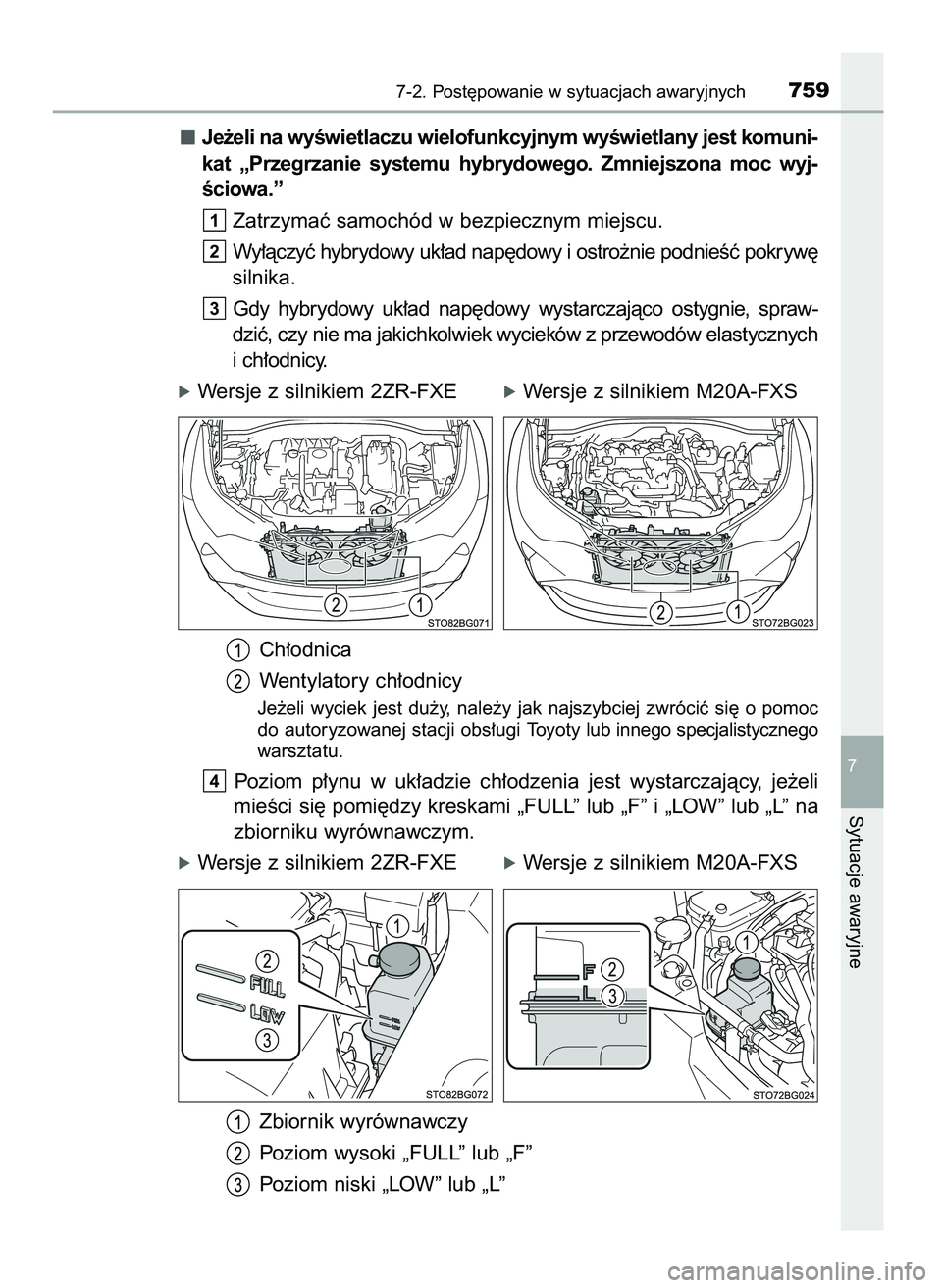 TOYOTA C-HR 2022  Instrukcja obsługi (in Polish) Je˝eli na wyÊwietlaczu wielofunkcyjnym wyÊwietlany jest komuni-
kat  „Przegrzanie  systemu  hybrydowego.  Zmniejszona  moc  wyj-
Êciowa.”
Zatrzymaç samochód w bezpiecznym miejscu.
Wy∏àczy