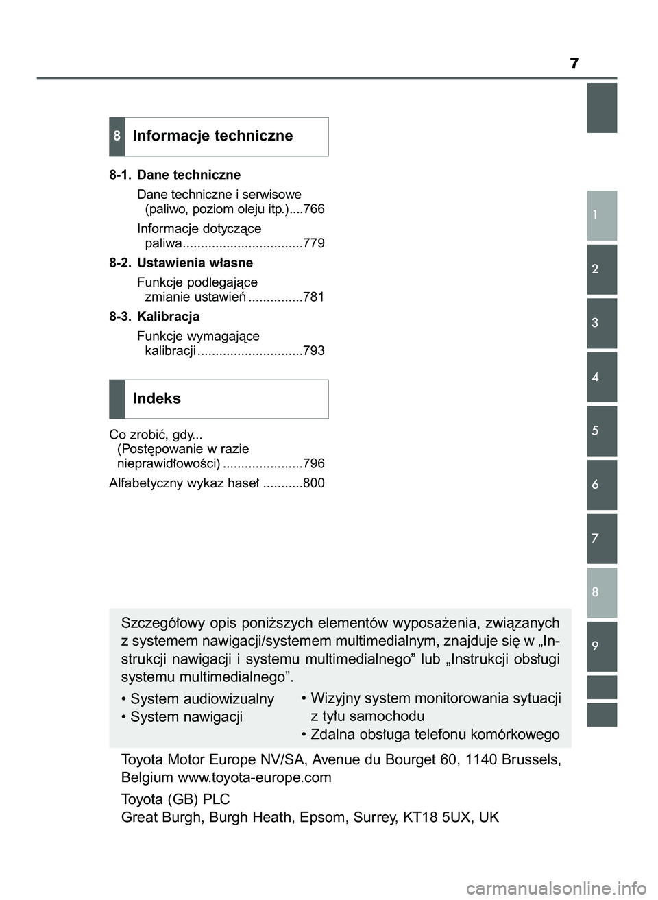 TOYOTA C-HR 2022  Instrukcja obsługi (in Polish) 7
1
2
3
4
5
6
7
8
9
8-1. Dane techniczne
Dane techniczne i serwisowe
(paliwo, poziom oleju itp.)....766
Informacje dotyczàce 
paliwa.................................779
8-2. Ustawienia w∏asne
Funkc