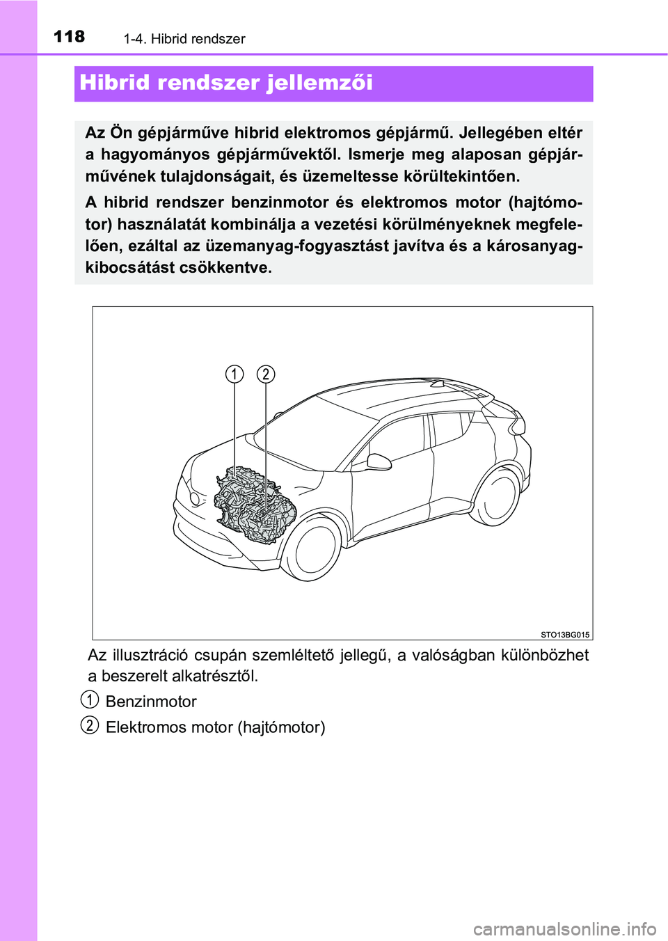 TOYOTA C-HR 2022 Kezelési útmutató (in Hungarian) 1181-4. Hibrid rendszer
Hibrid rendszer jellemzői
Az illusztráció csupán szemléltet ő jellegű, a valóságban különbözhet
a beszerelt alkatrésztől.
Benzinmotor
Elektromos motor (haj TOYOTA C-HR 2022 Kezelési útmutató (in Hungarian) 1181-4. Hibrid rendszer
Hibrid rendszer jellemzői
Az illusztráció csupán szemléltet ő jellegű, a valóságban különbözhet
a beszerelt alkatrésztől.
Benzinmotor
Elektromos motor (haj