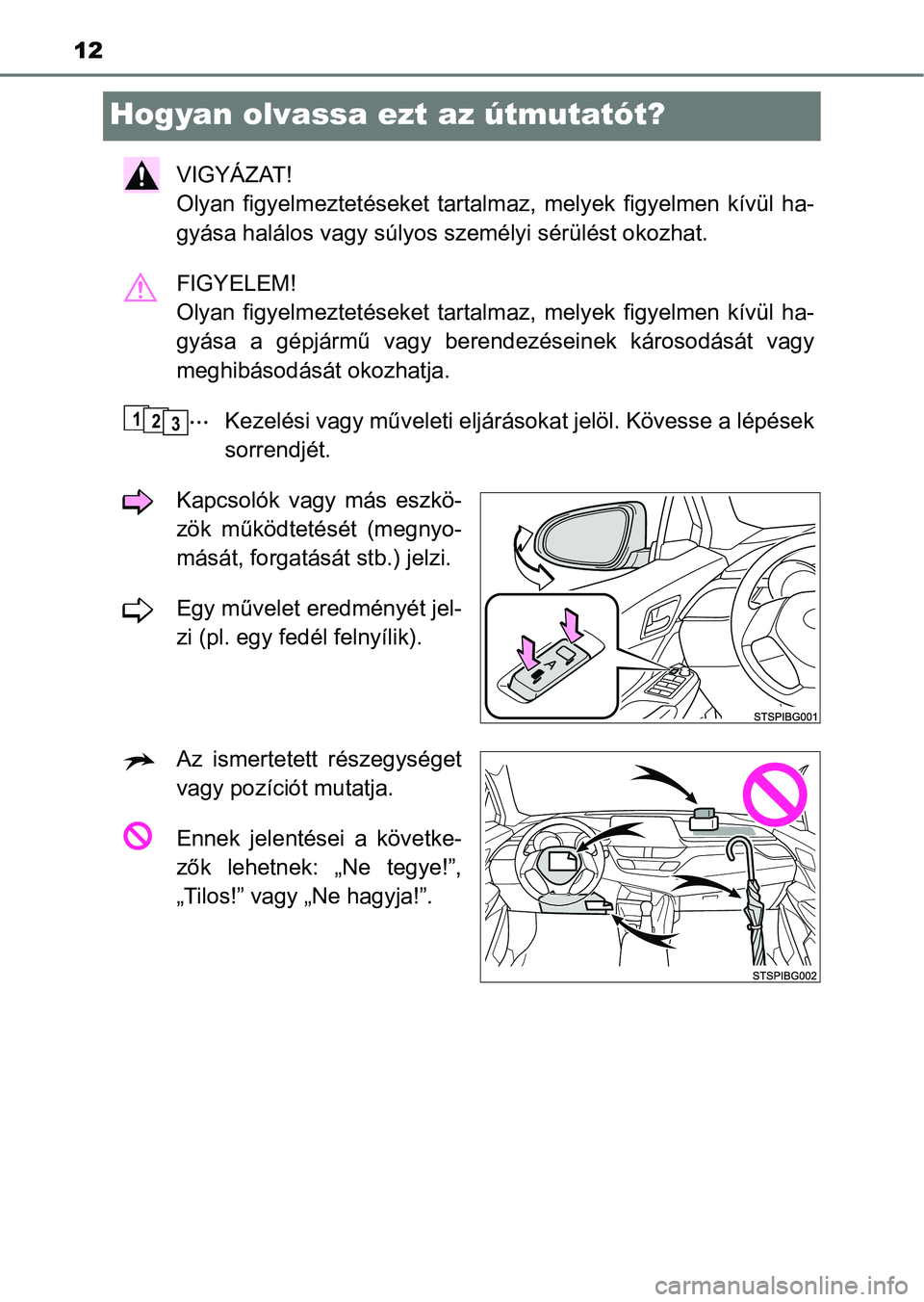 TOYOTA C-HR 2022  Kezelési útmutató (in Hungarian) 12
Hogyan olvassa ezt az útmutatót?
VIGYÁZAT! 
Olyan  figyelmeztetéseket  tartalmaz,  melyek  figyelmen  kívül  ha-
gyása halálos vagy súlyos s zemélyi sérülést okozhat.
FIGYELEM! 
Olyan 