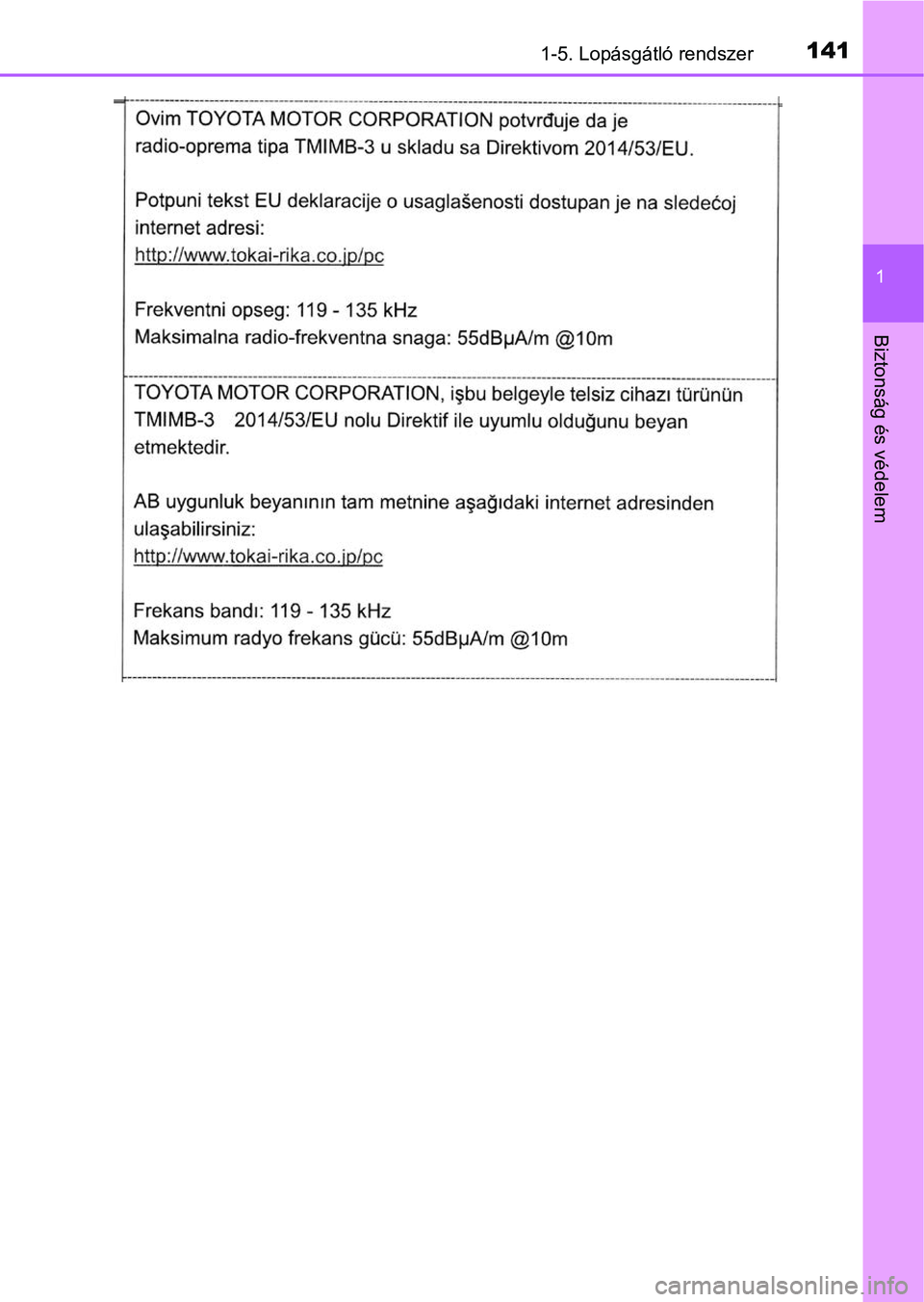 TOYOTA C-HR 2022  Kezelési útmutató (in Hungarian) 1411-5. Lopásgátló rendszer
1
Biztonság és védelem 