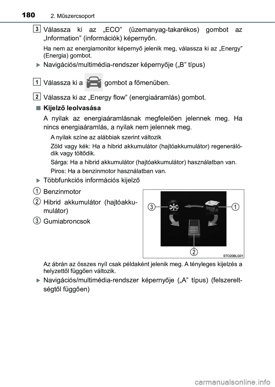 TOYOTA C-HR 2022 Kezelési útmutató (in Hungarian) 1802. Műszercsoport
Válassza ki az „ECO” (üzemanyag-takarékos) gombot az
„Information” (információk) képernyőn.
Ha nem az energiamonitor képernyő jelenik meg, válassza ki az TOYOTA C-HR 2022 Kezelési útmutató (in Hungarian) 1802. Műszercsoport
Válassza ki az „ECO” (üzemanyag-takarékos) gombot az
„Information” (információk) képernyőn.
Ha nem az energiamonitor képernyő jelenik meg, válassza ki az