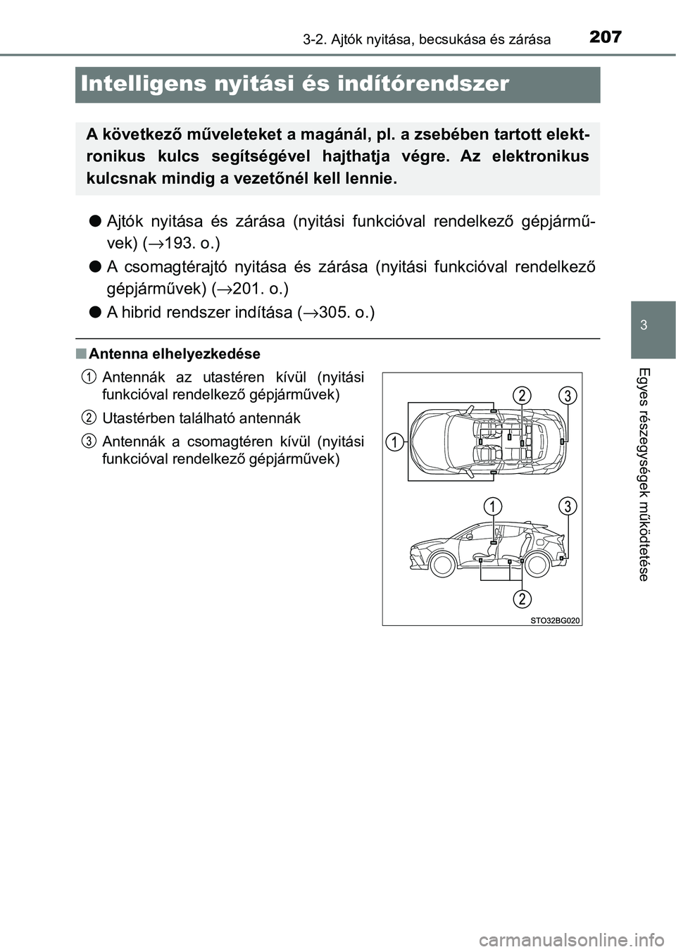 TOYOTA C-HR 2022 Kezelési útmutató (in Hungarian) 207
3
3-2. Ajtók nyitása, becsukása és zárása
Egyes részegysége k működtetése
Intelligens nyitási és indítórendszer
lAjtók nyitása és zárása (nyitási funkcióval rendelkez TOYOTA C-HR 2022 Kezelési útmutató (in Hungarian) 207
3
3-2. Ajtók nyitása, becsukása és zárása
Egyes részegysége k működtetése
Intelligens nyitási és indítórendszer
lAjtók nyitása és zárása (nyitási funkcióval rendelkez