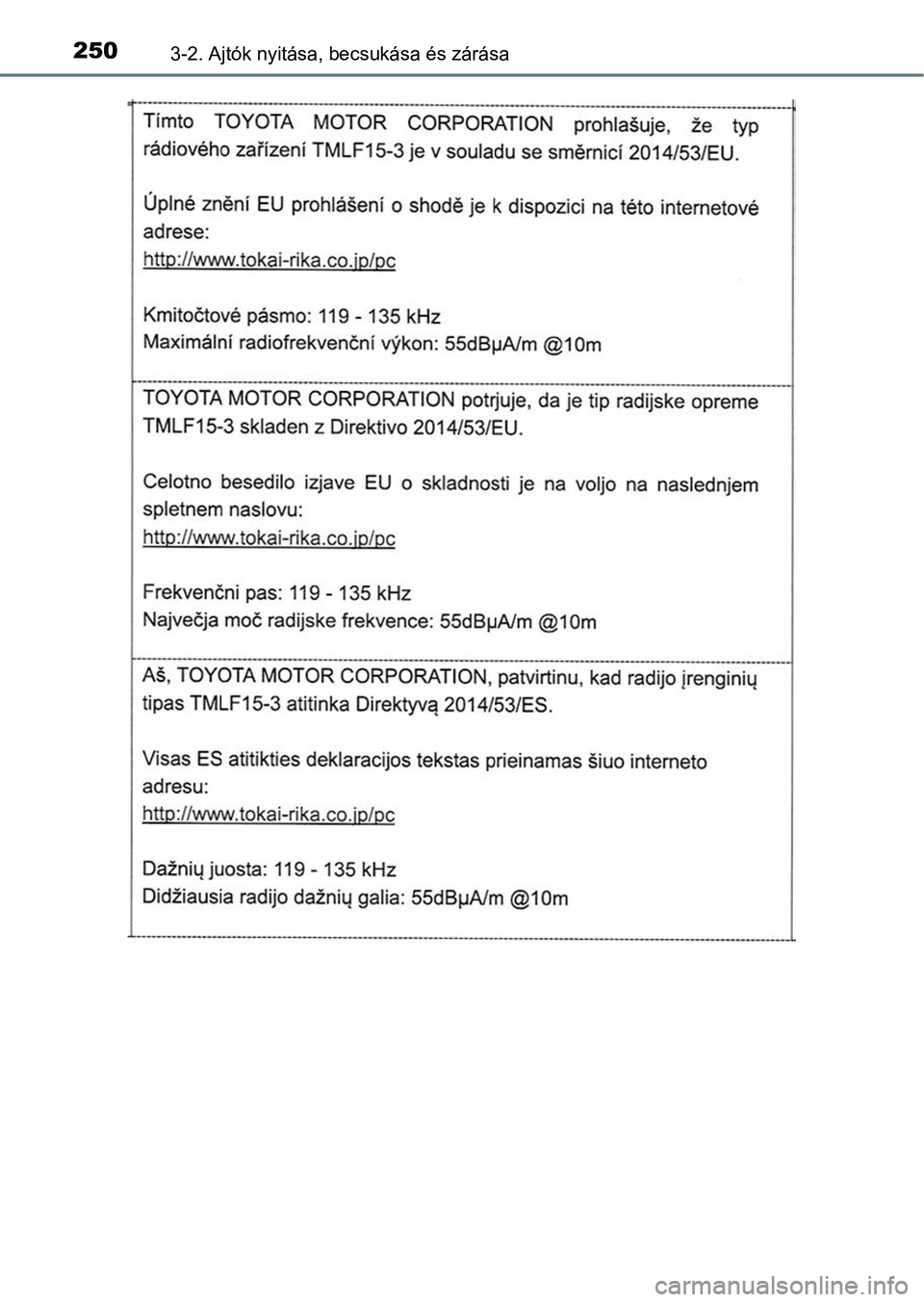 TOYOTA C-HR 2022  Kezelési útmutató (in Hungarian) 2503-2. Ajtók nyitása, becsukása és zárása 