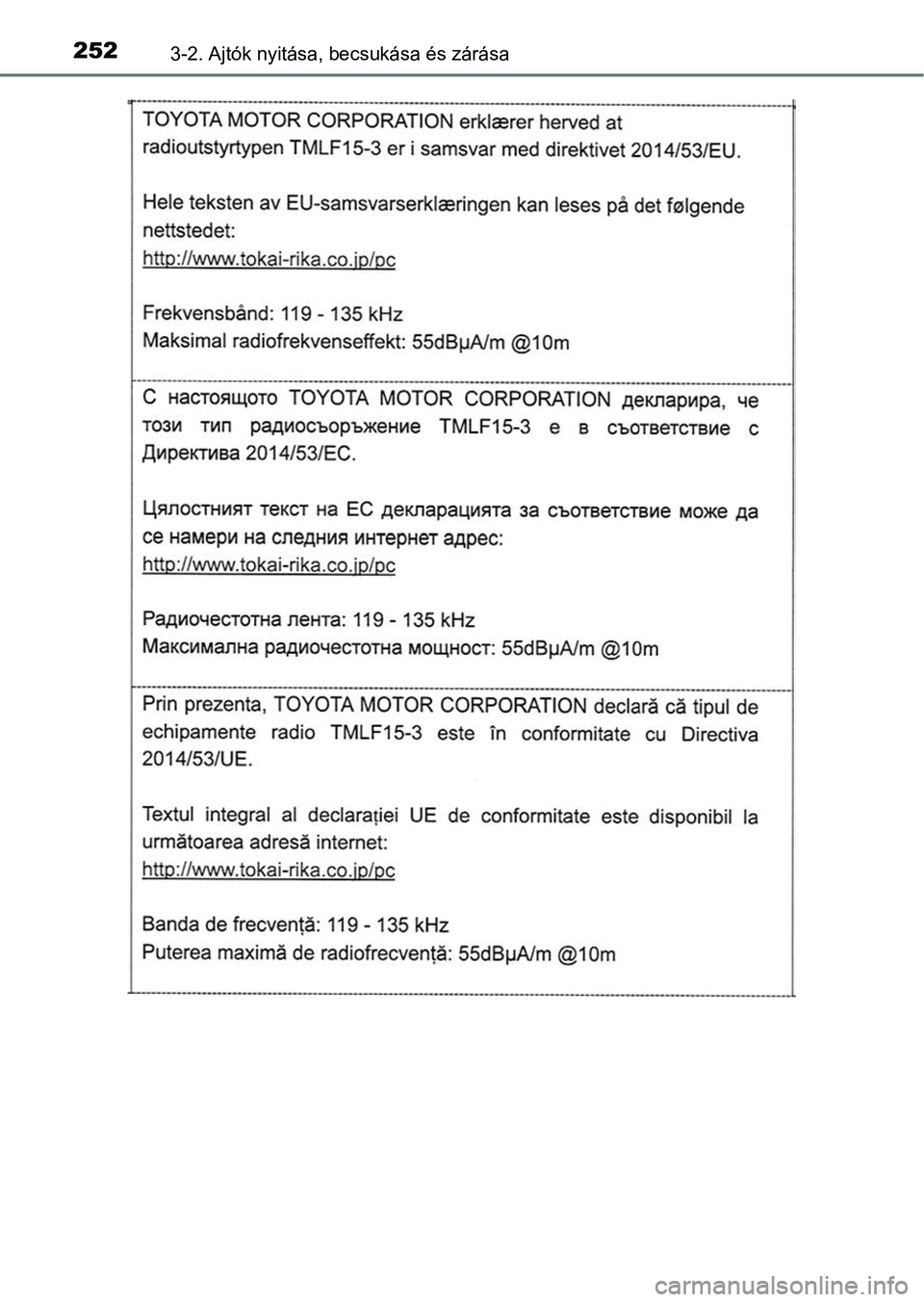 TOYOTA C-HR 2022  Kezelési útmutató (in Hungarian) 2523-2. Ajtók nyitása, becsukása és zárása 