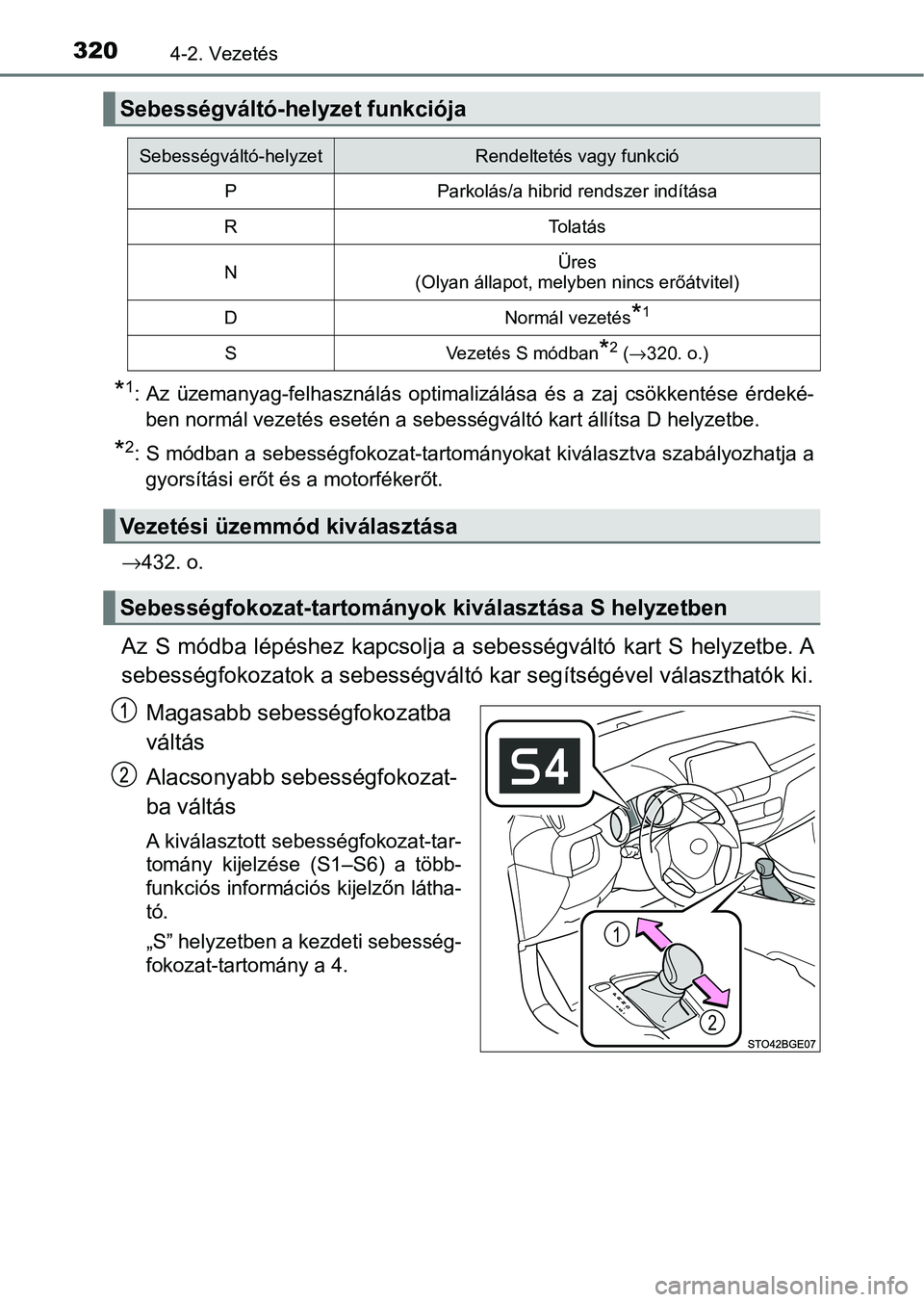 TOYOTA C-HR 2022  Kezelési útmutató (in Hungarian) 3204-2. Vezetés
*1: Az  üzemanyag-felhasználás  optimalizálása  és  a  zaj  csökkentése érdeké-
ben normál vezetés esetén a sebességváltó kart állítsa D helyze tbe.
*2: S módban a 